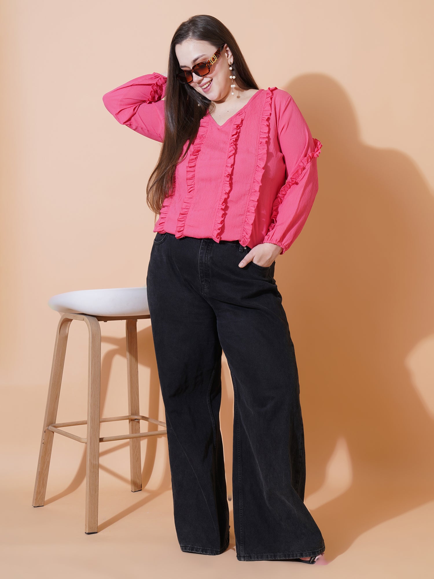 Women Plus Size Puff Sleeve Ruffles Crepe Top