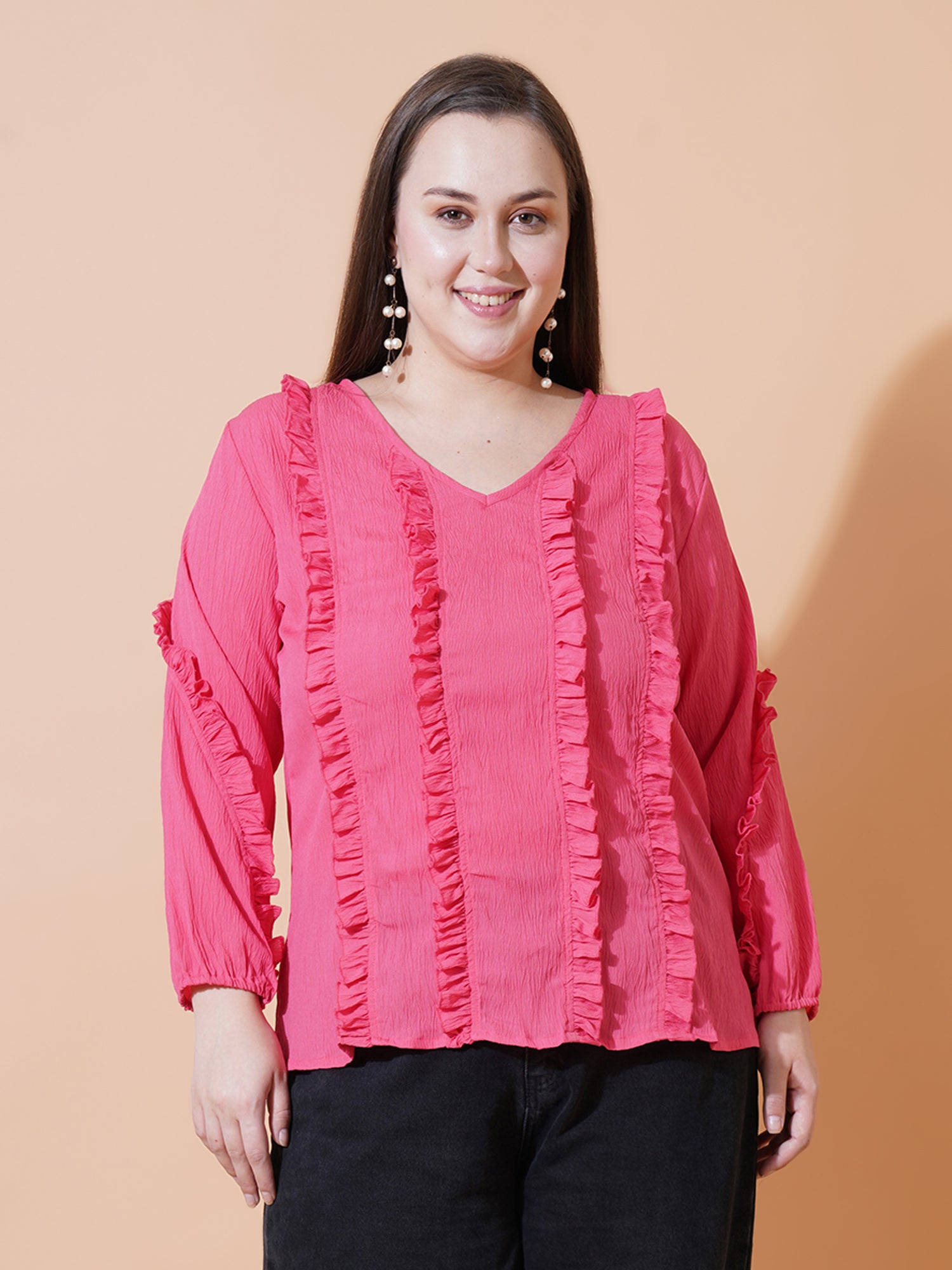 Women Plus Size Puff Sleeve Ruffles Crepe Top