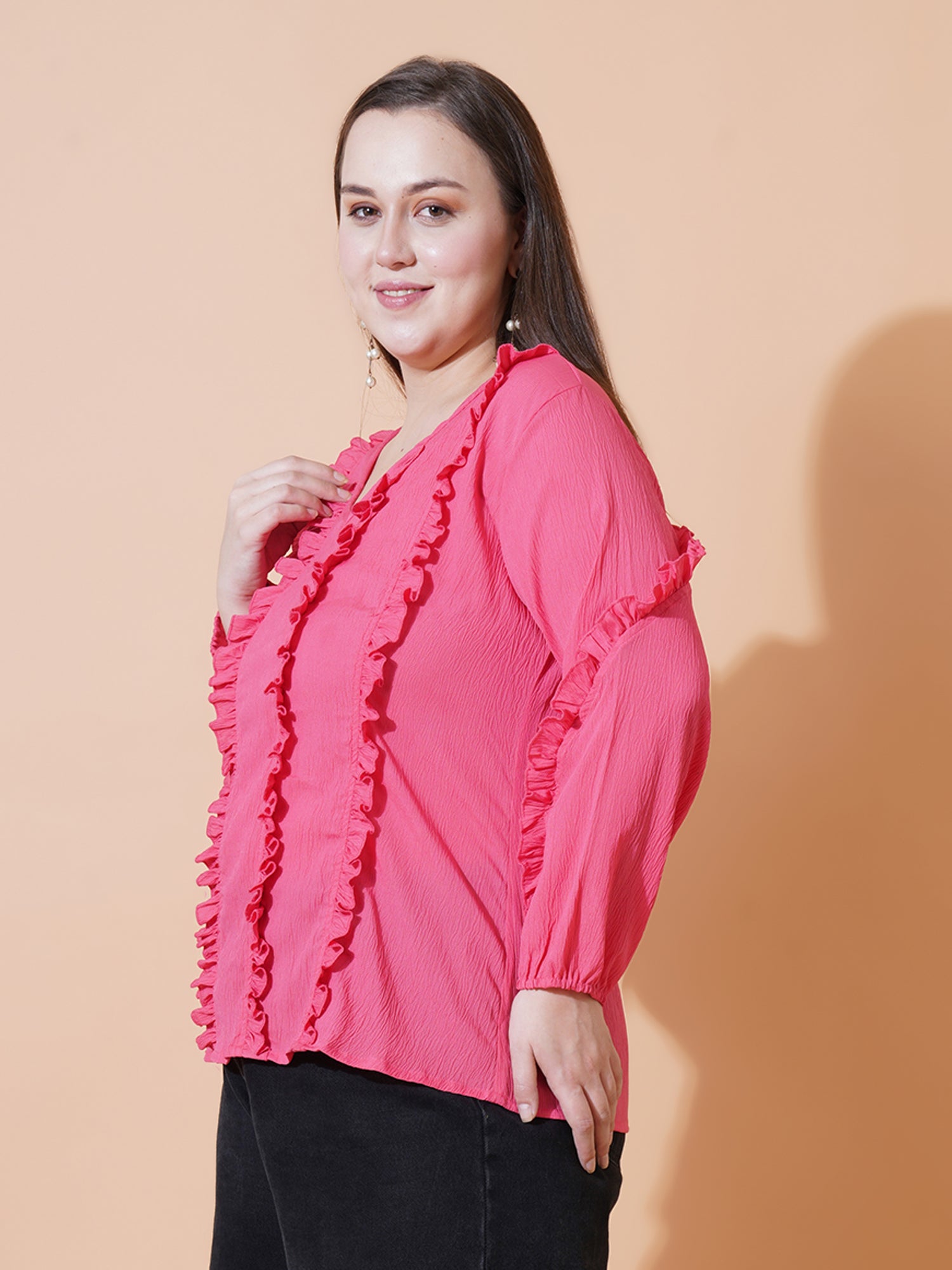 Women Plus Size Puff Sleeve Ruffles Crepe Top