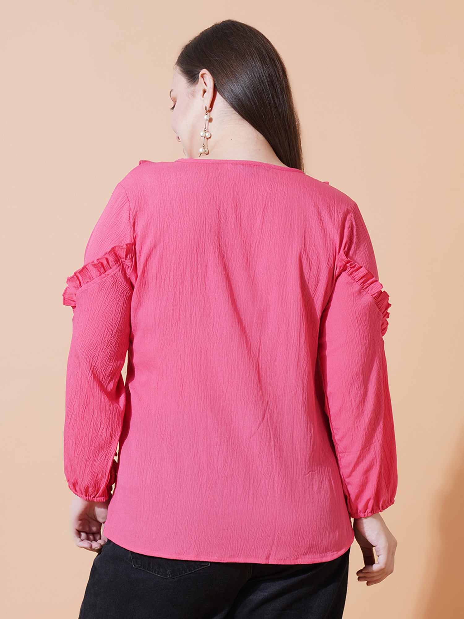 Women Plus Size Puff Sleeve Ruffles Crepe Top