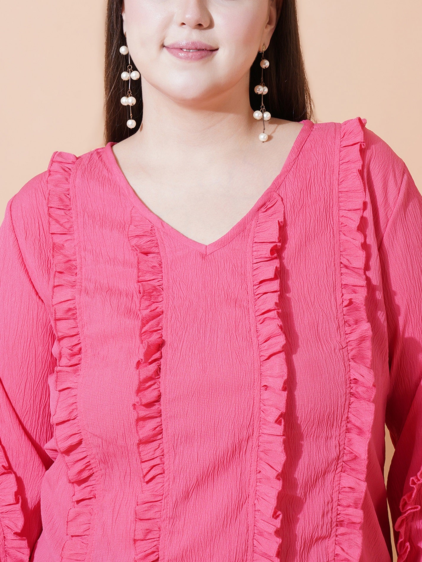 Women Plus Size Puff Sleeve Ruffles Crepe Top