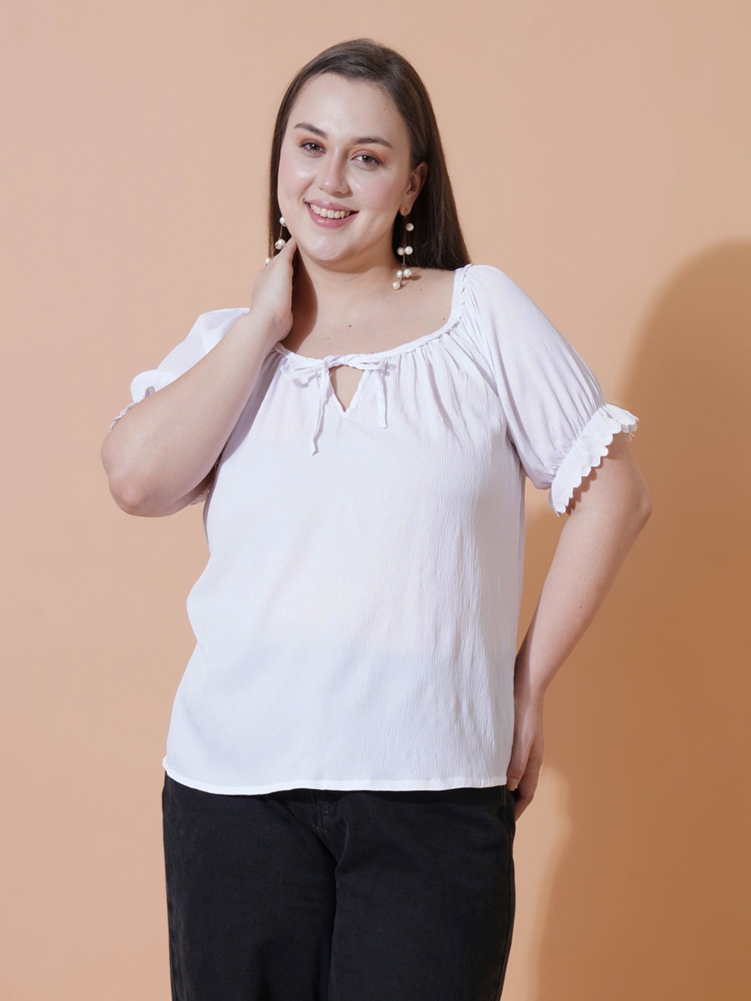 Women Plus Size Tie-Up Neck Puff Sleeves Crepe Top