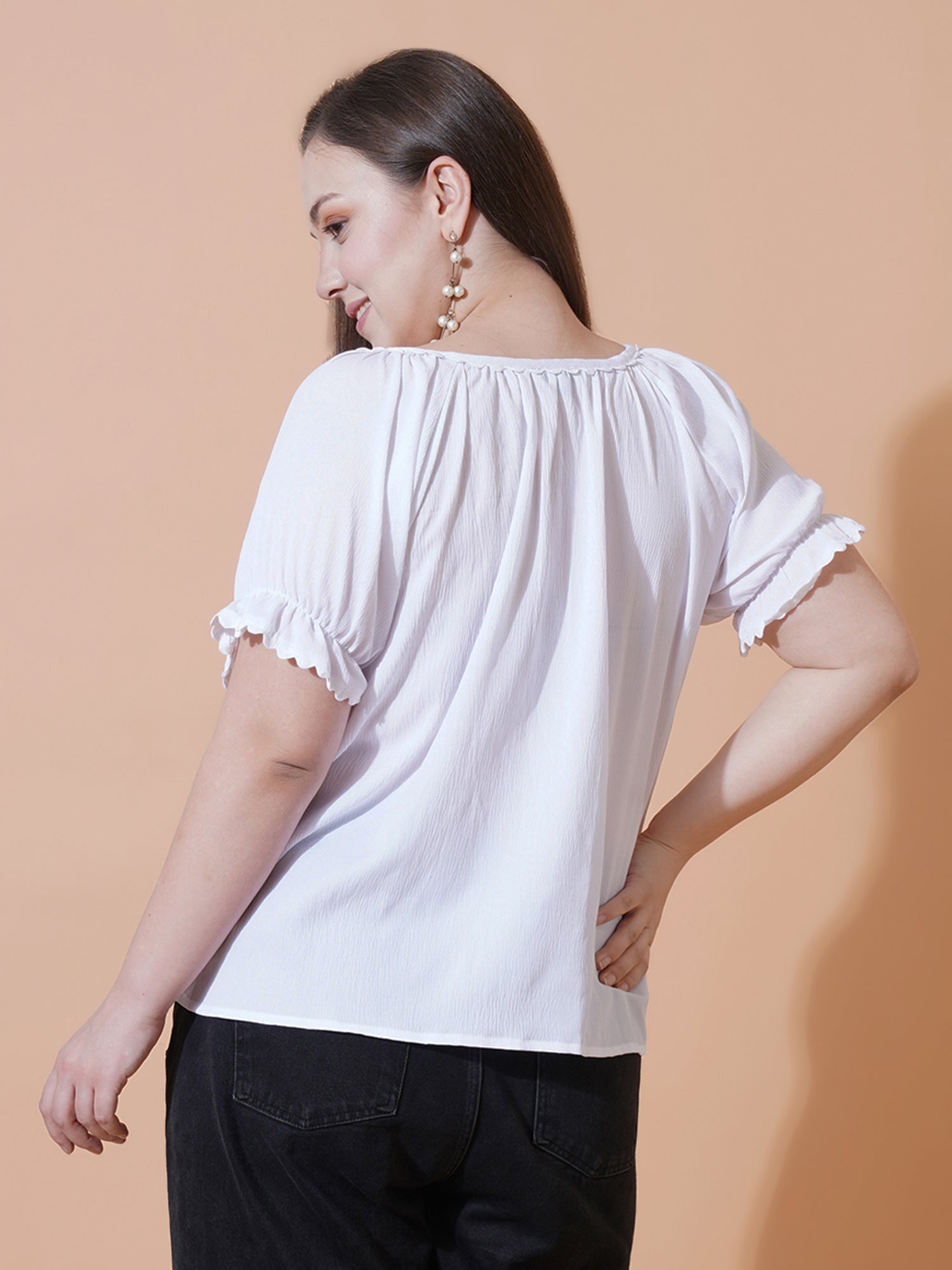 Women Plus Size Tie-Up Neck Puff Sleeves Crepe Top