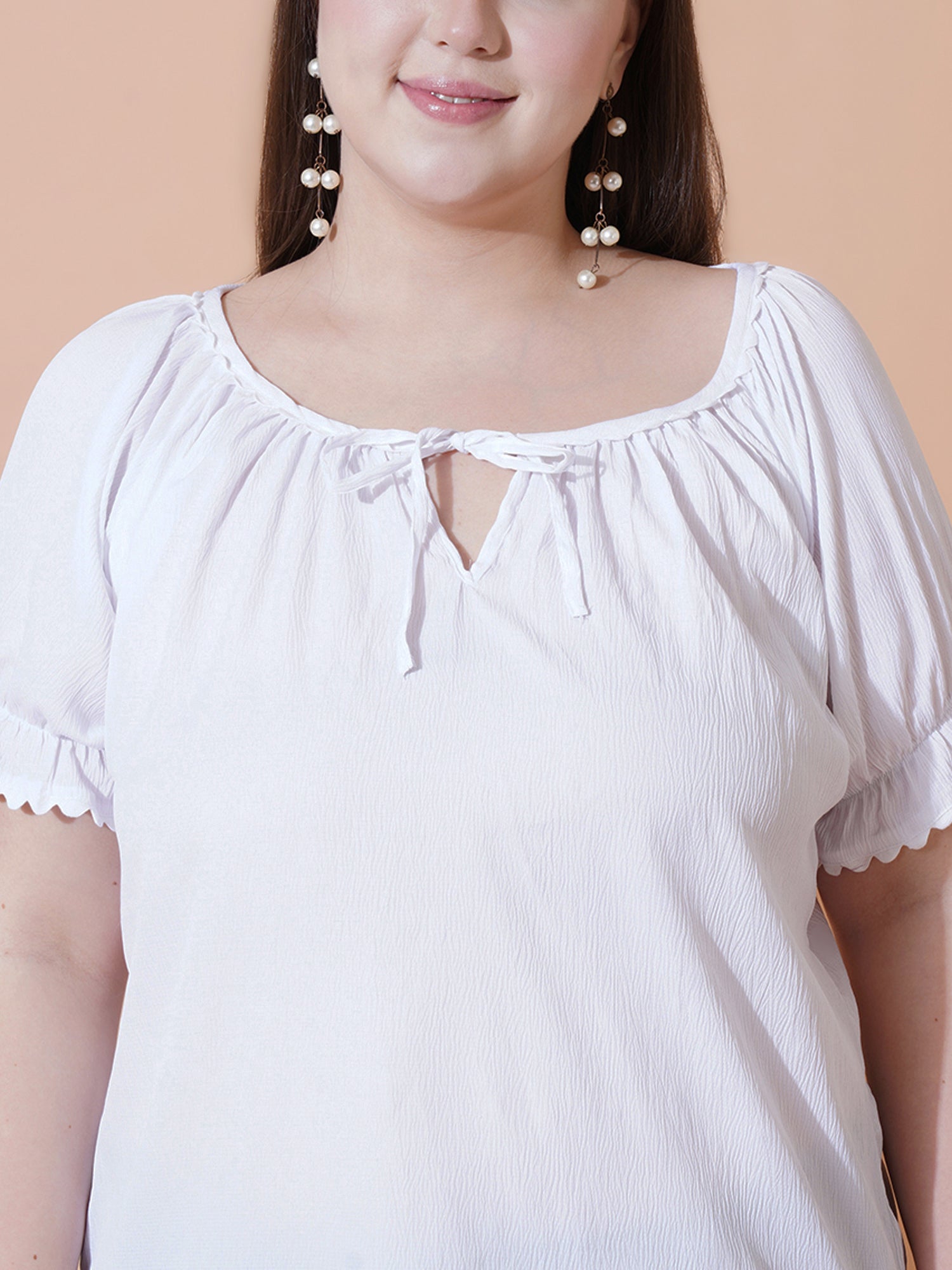 Women Plus Size Tie-Up Neck Puff Sleeves Crepe Top