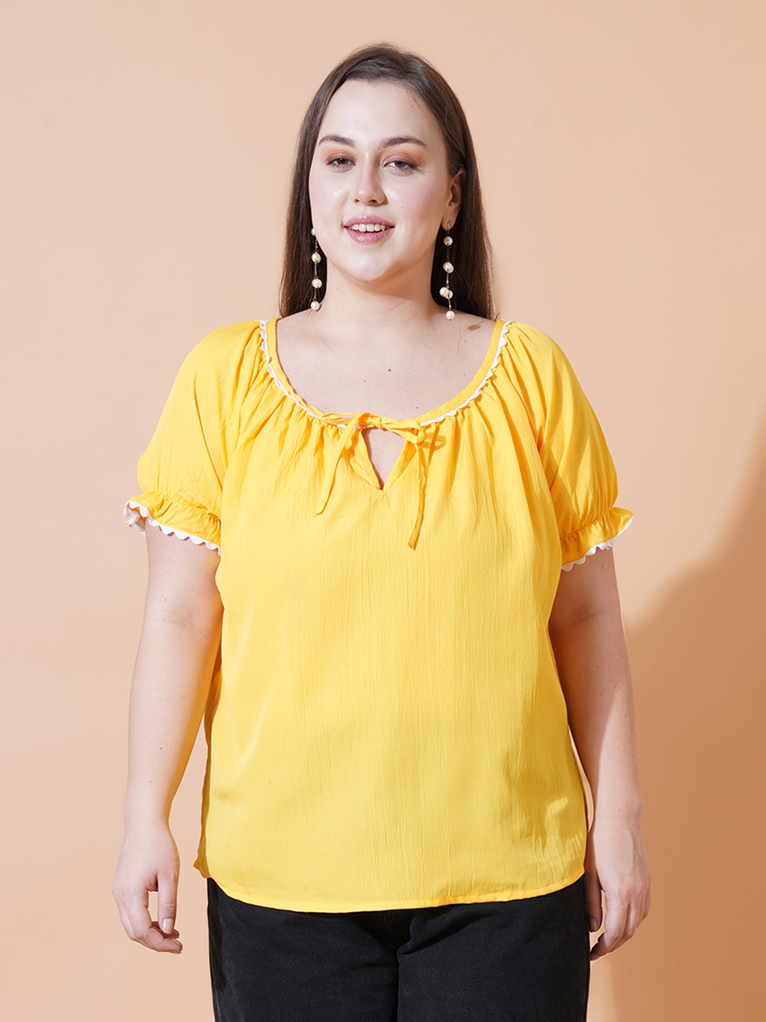 Women Plus Size Solid Tie-Up Neck Bell Sleeve Crepe Top