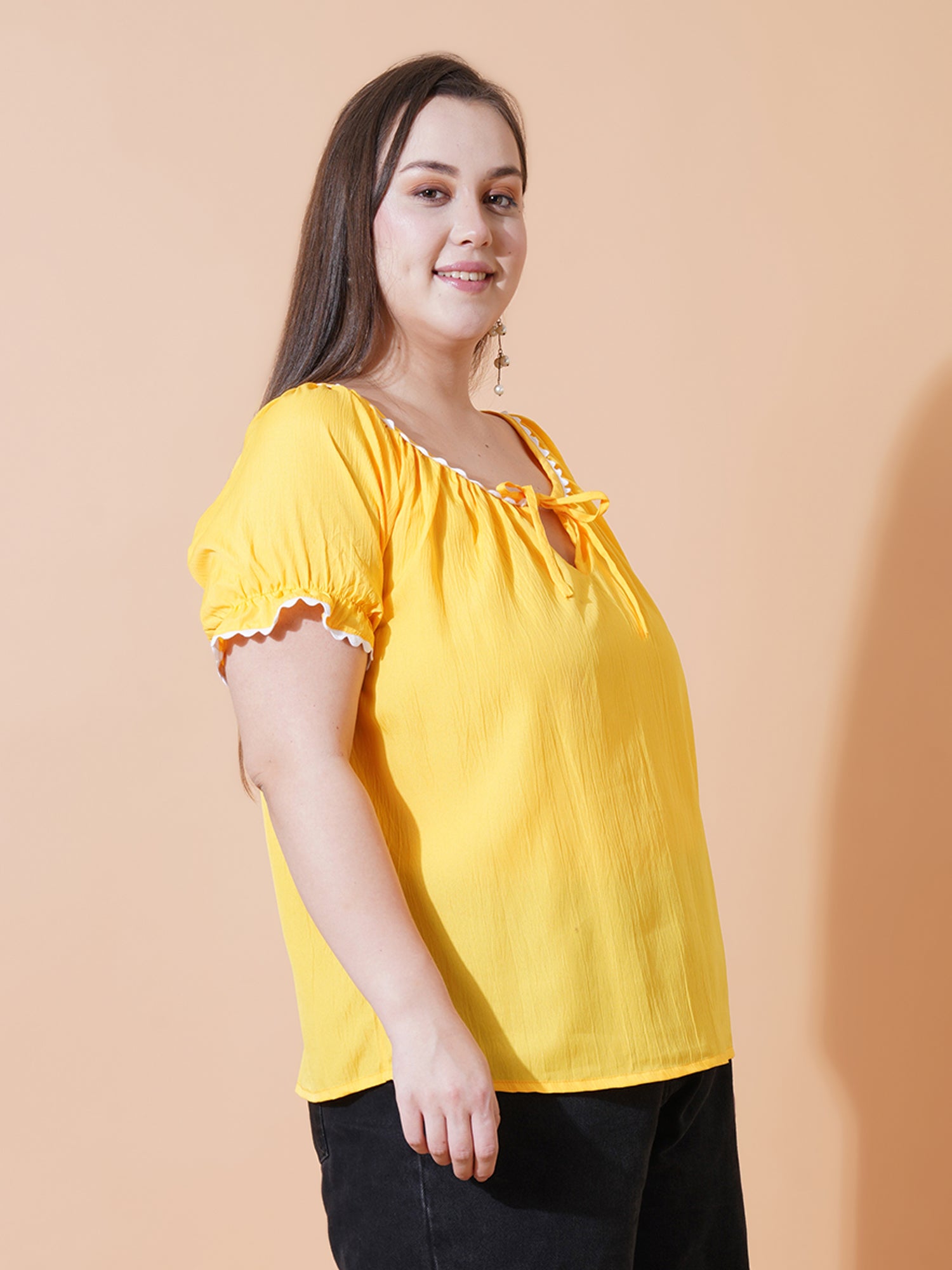 Women Plus Size Solid Tie-Up Neck Bell Sleeve Crepe Top