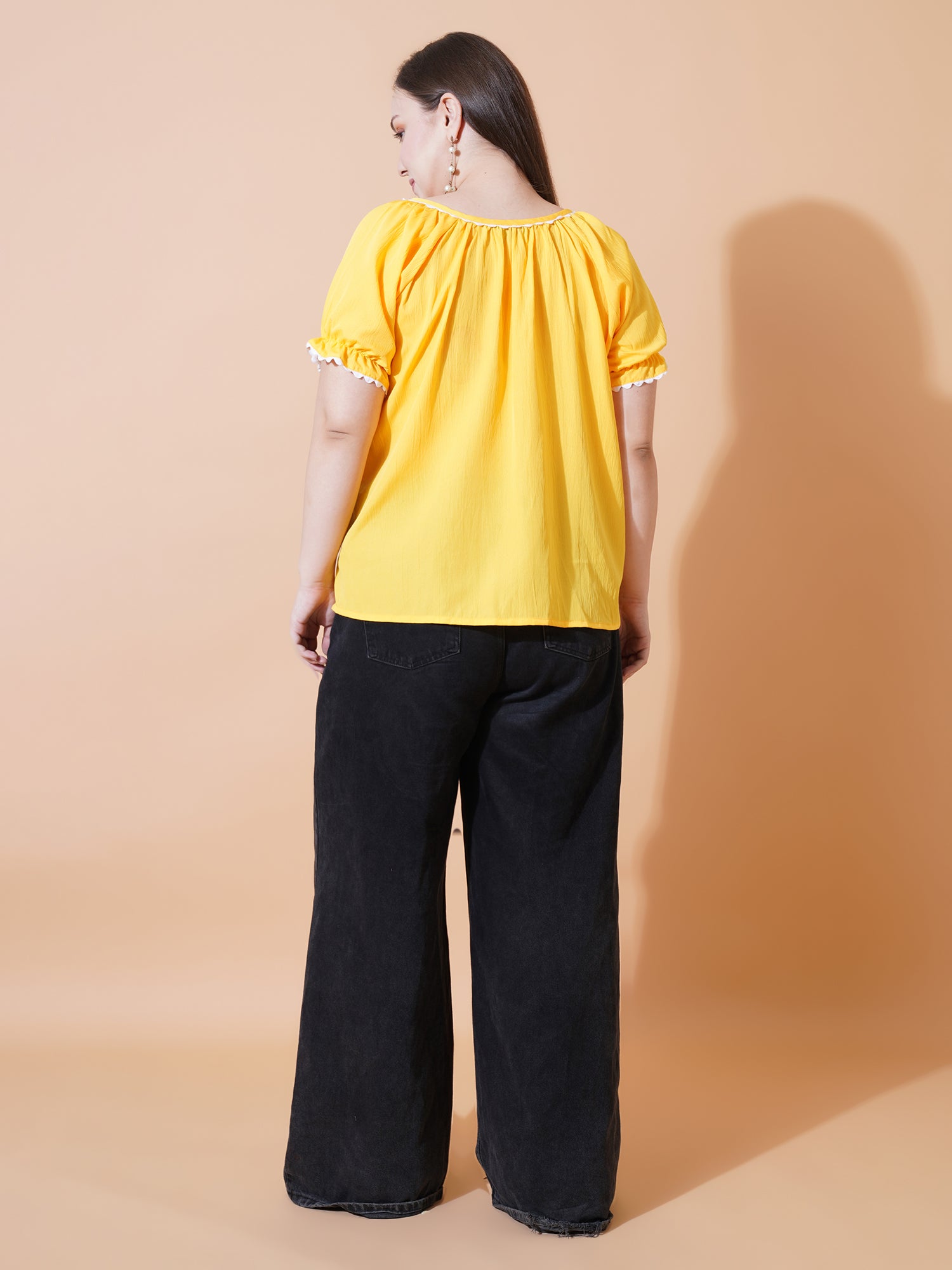 Women Plus Size Solid Tie-Up Neck Bell Sleeve Crepe Top