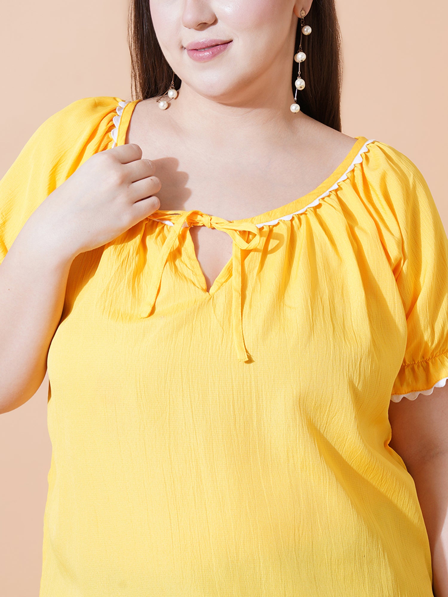 Women Plus Size Solid Tie-Up Neck Bell Sleeve Crepe Top