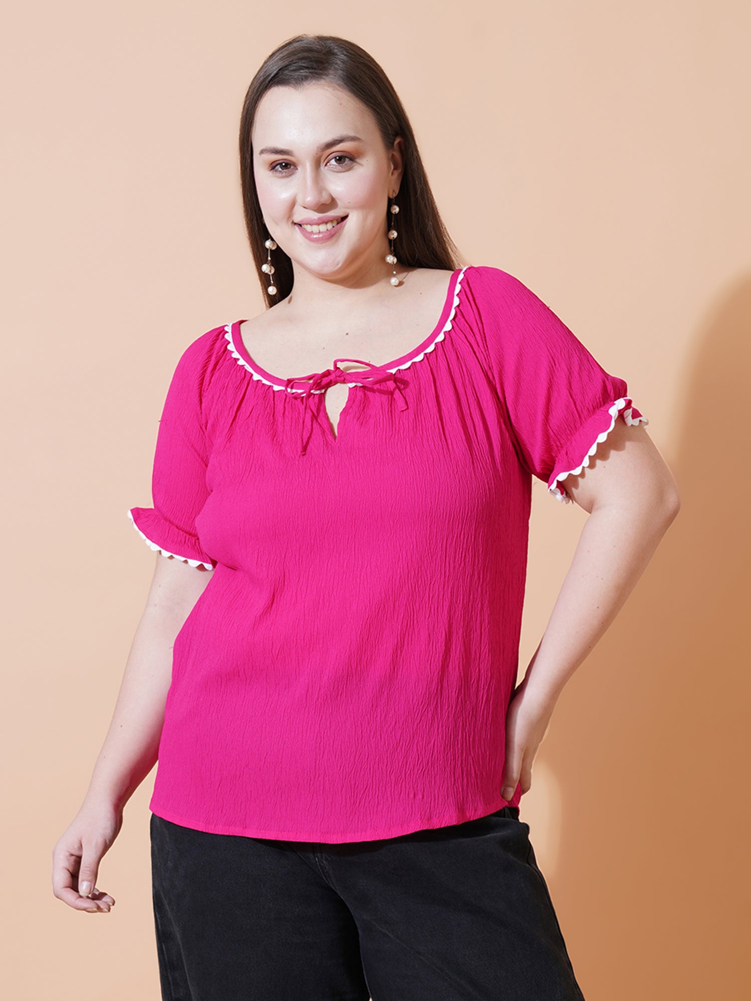 Women Plus Size Tie-Up Neck Bell Sleeve Crepe Top