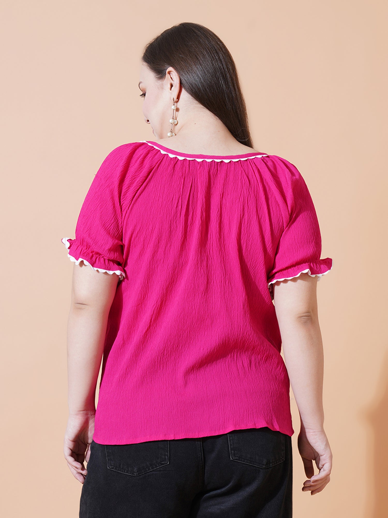 Women Plus Size Tie-Up Neck Bell Sleeve Crepe Top