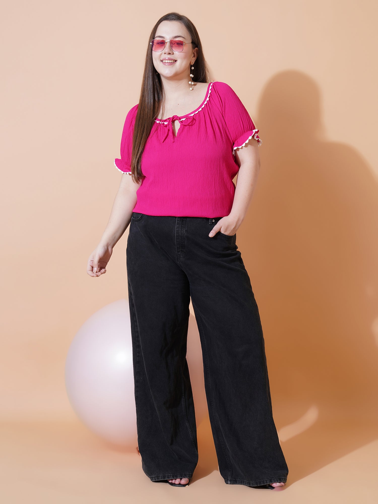 Women Plus Size Tie-Up Neck Bell Sleeve Crepe Top