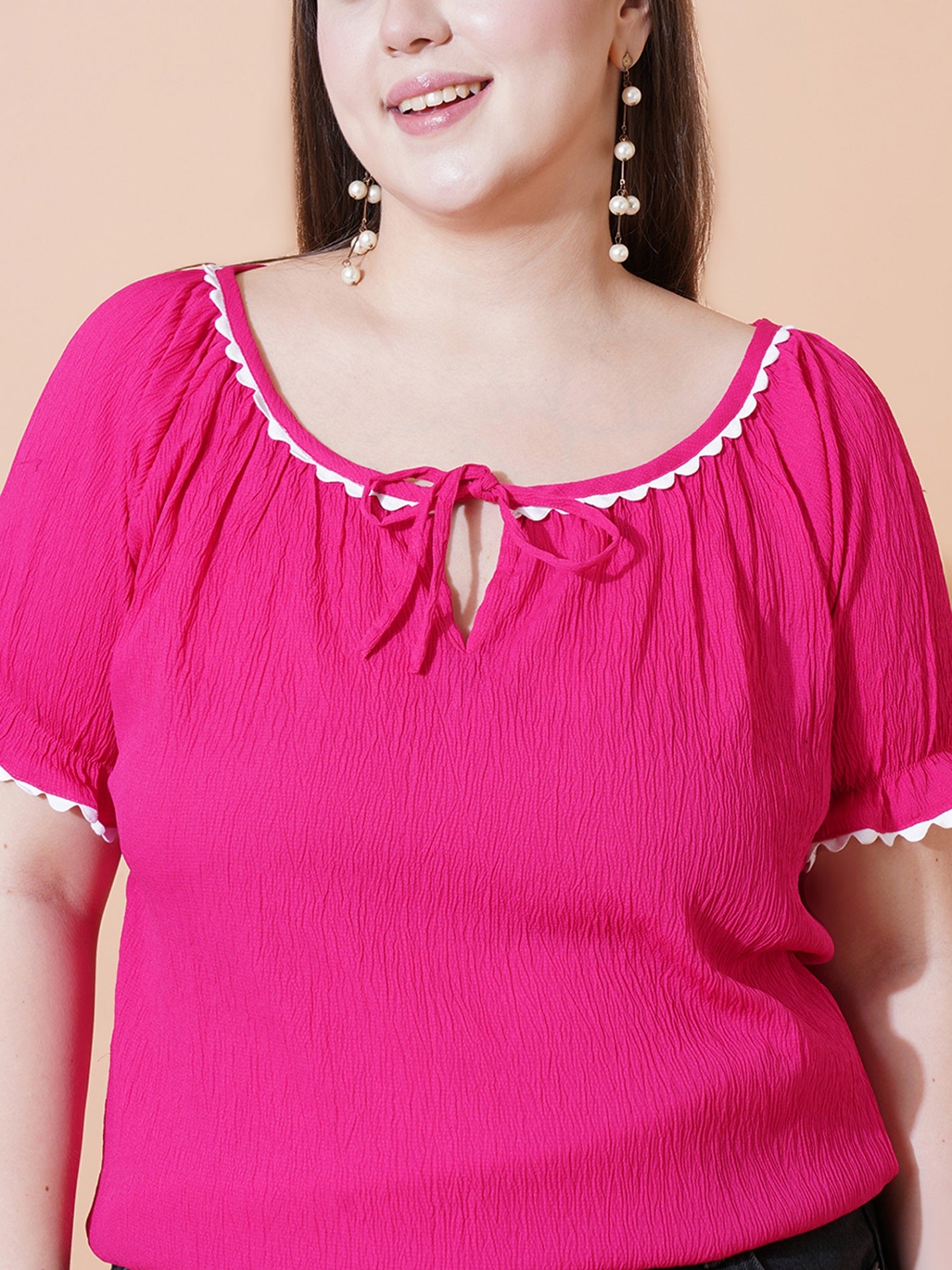 Women Plus Size Tie-Up Neck Bell Sleeve Crepe Top