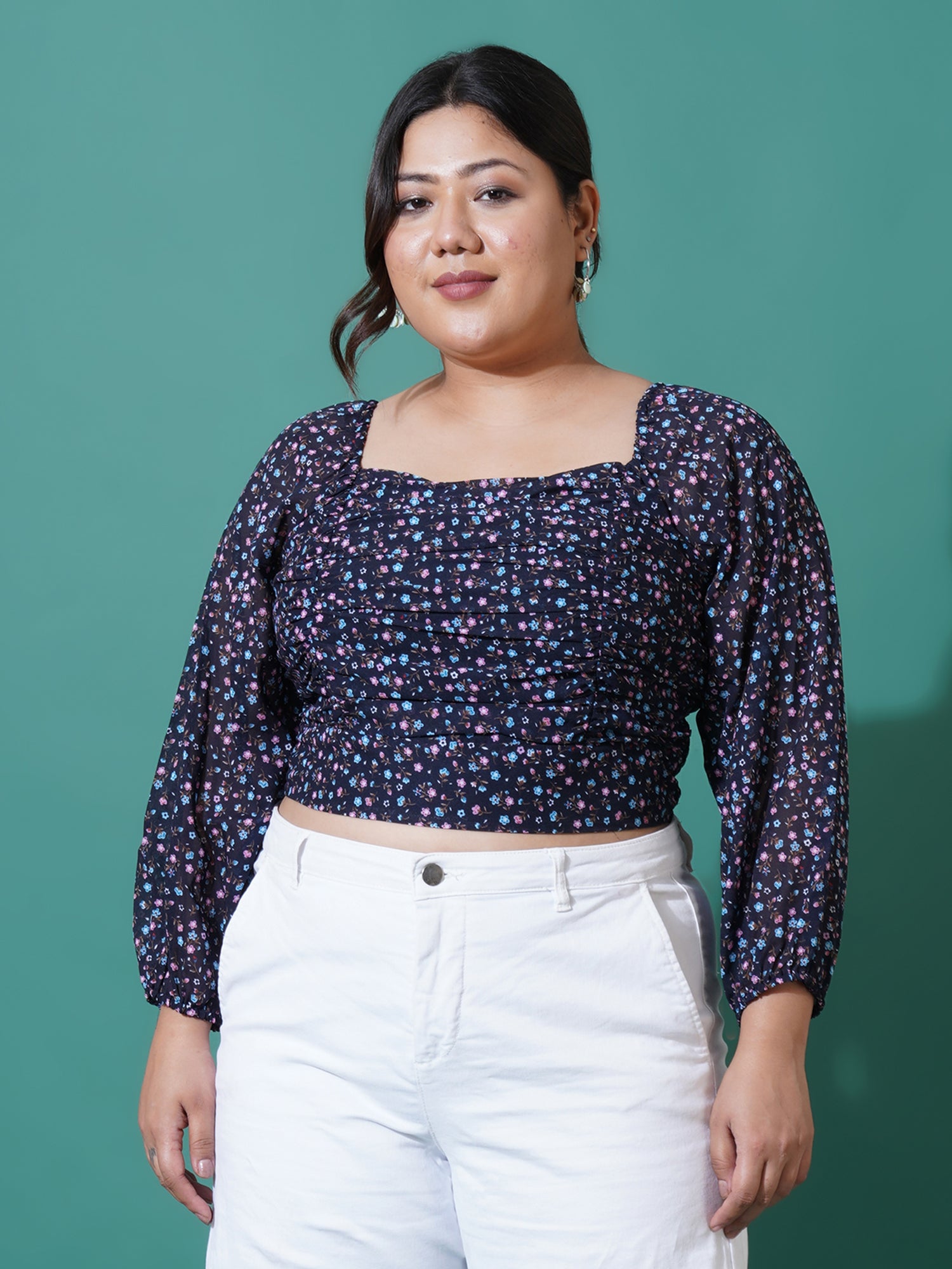 Women Plus Size Printed Georgette Blouson Crop Top