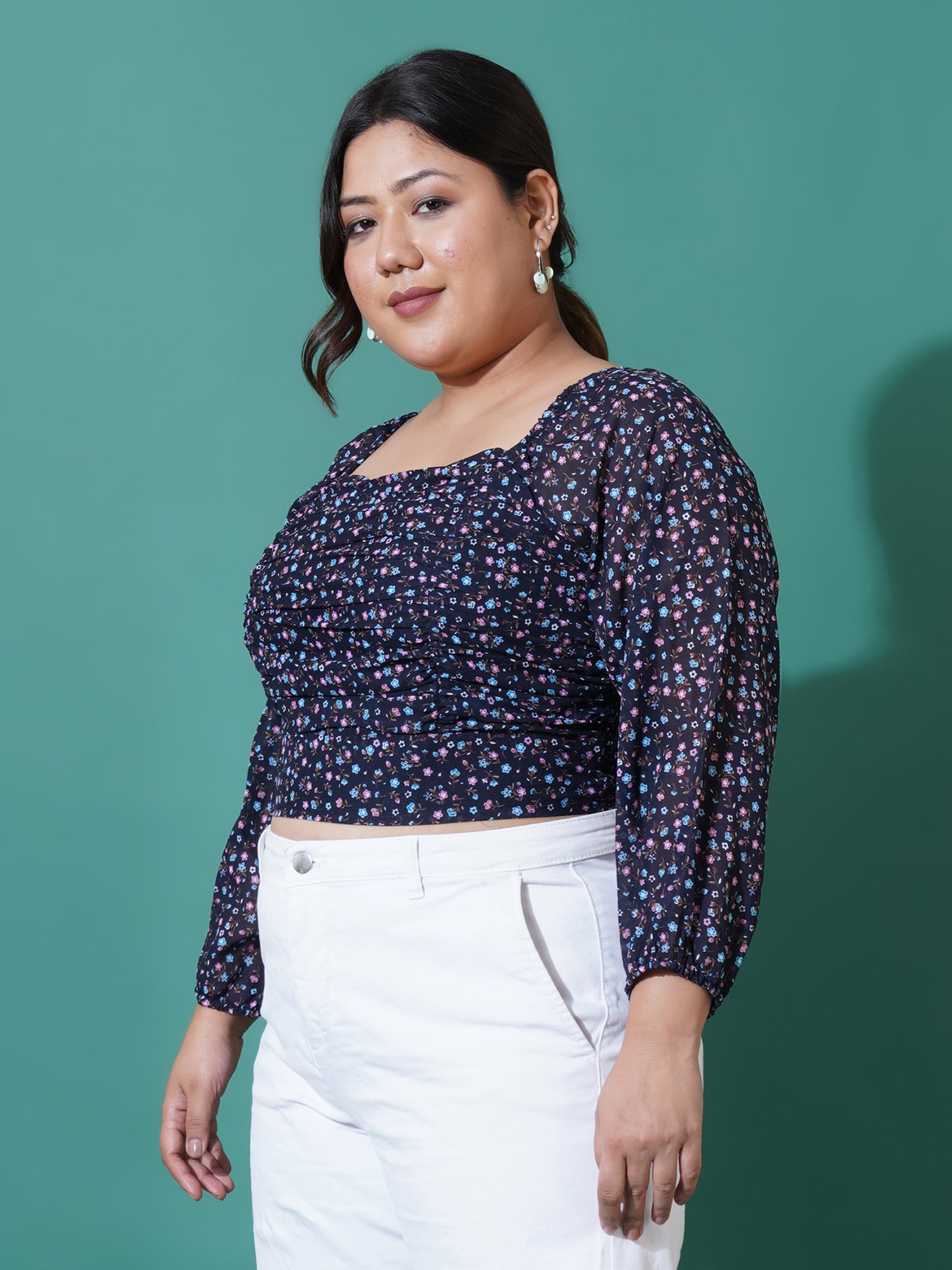 Women Plus Size Printed Georgette Blouson Crop Top