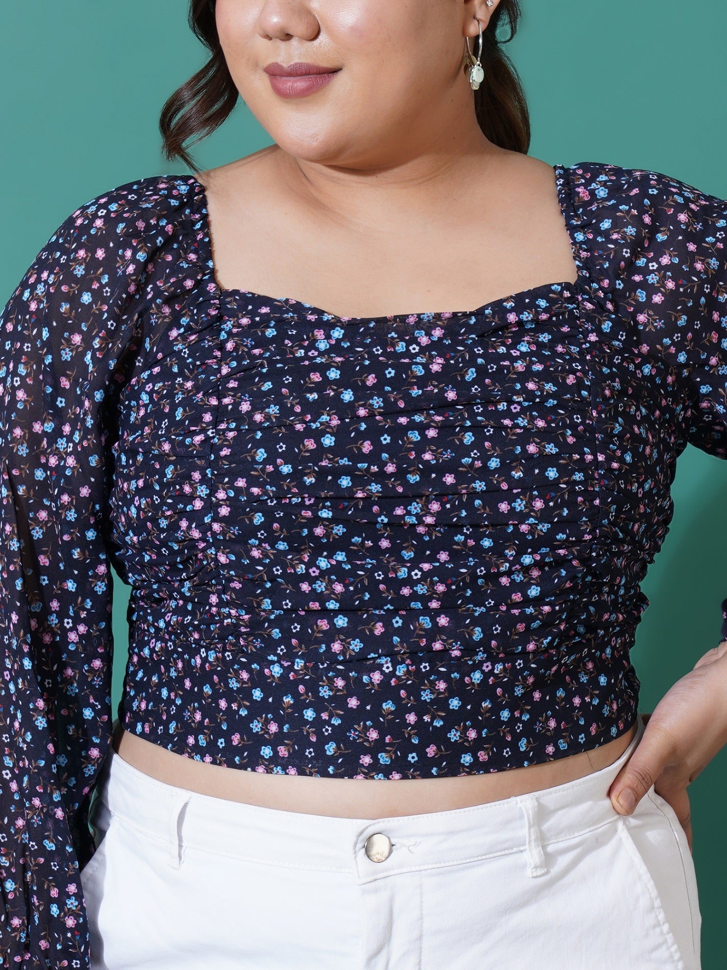 Women Plus Size Printed Georgette Blouson Crop Top