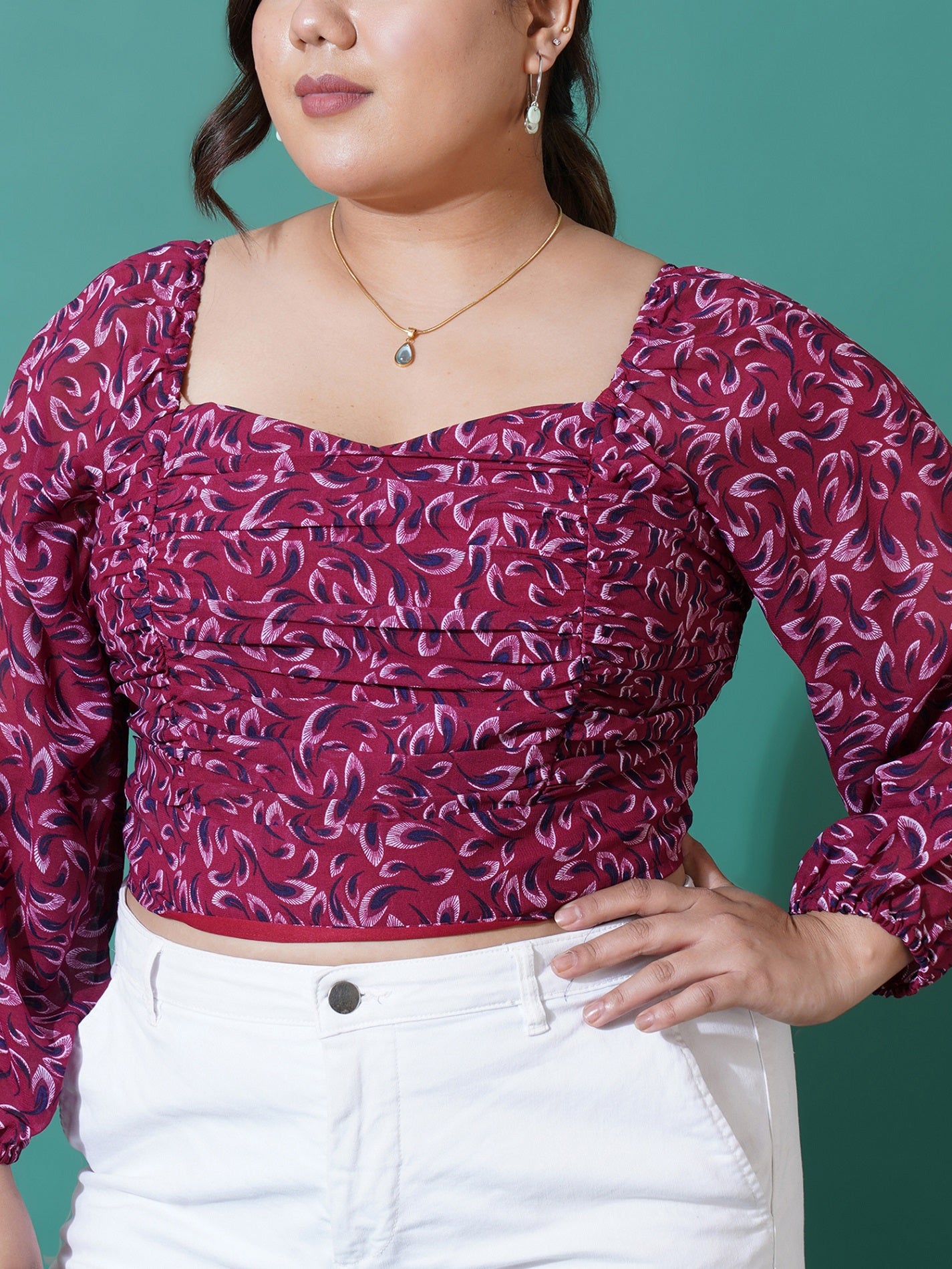 Women Plus Size Printed Georgette Blouson Crop Top