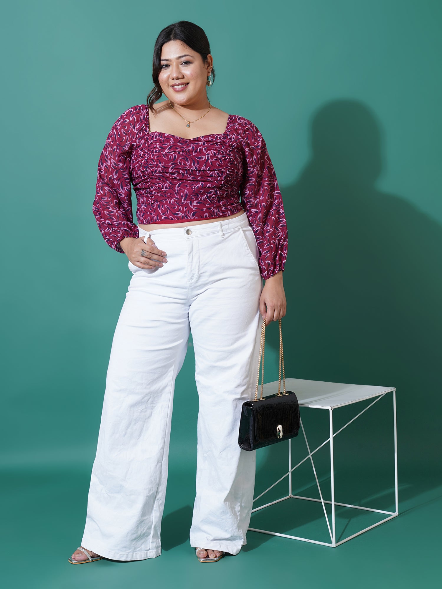 Women Plus Size Printed Georgette Blouson Crop Top