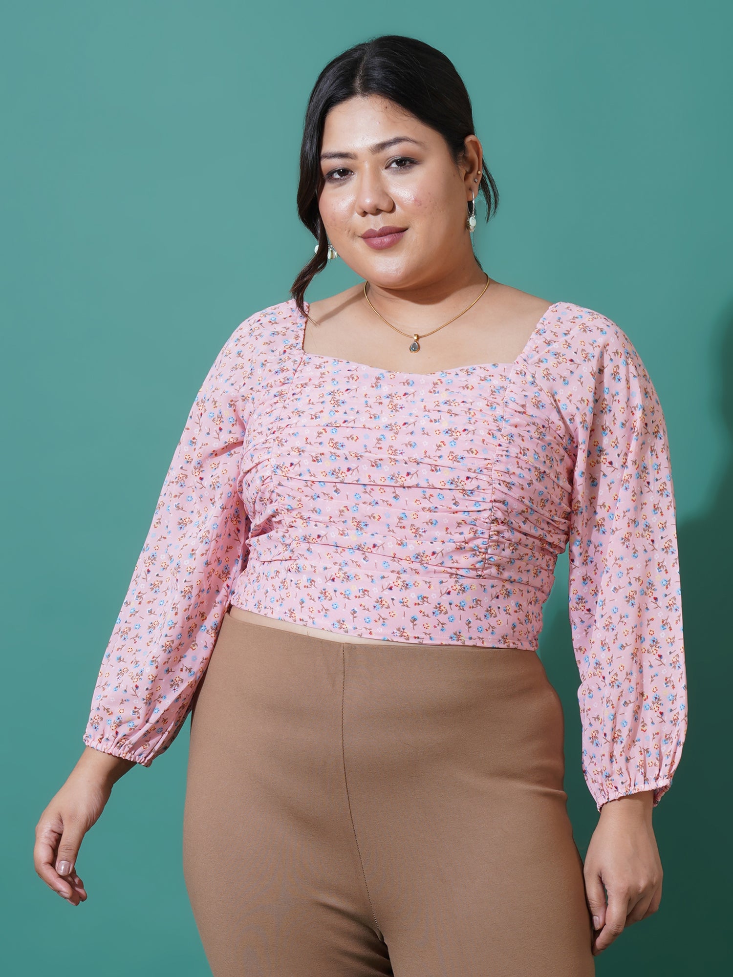 Women Plus Size Printed Georgette Blouson Crop Top