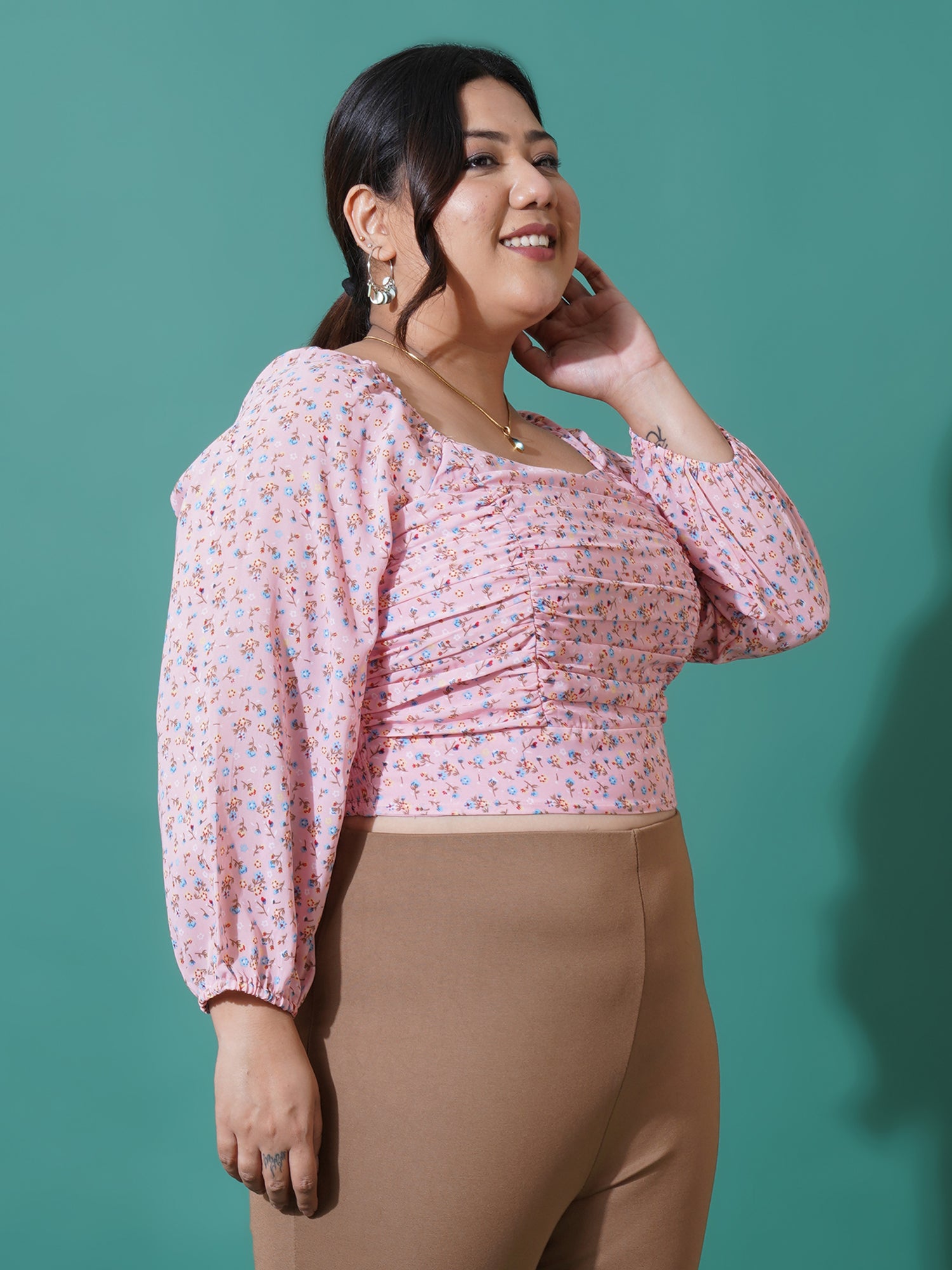 Women Plus Size Printed Georgette Blouson Crop Top