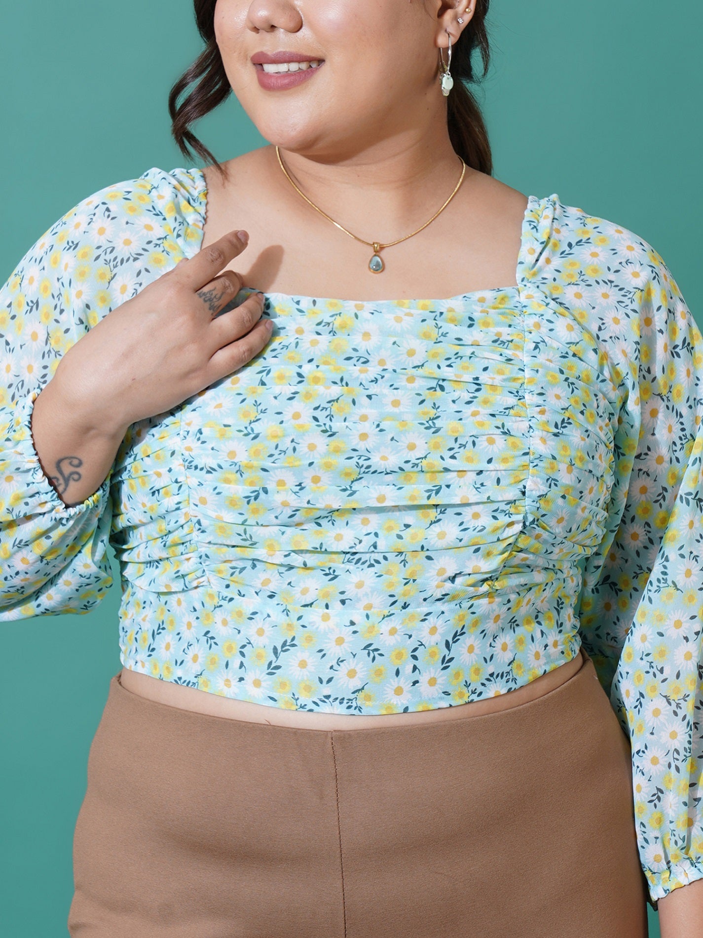 Women Plus Size Printed Georgette Blouson Crop Top