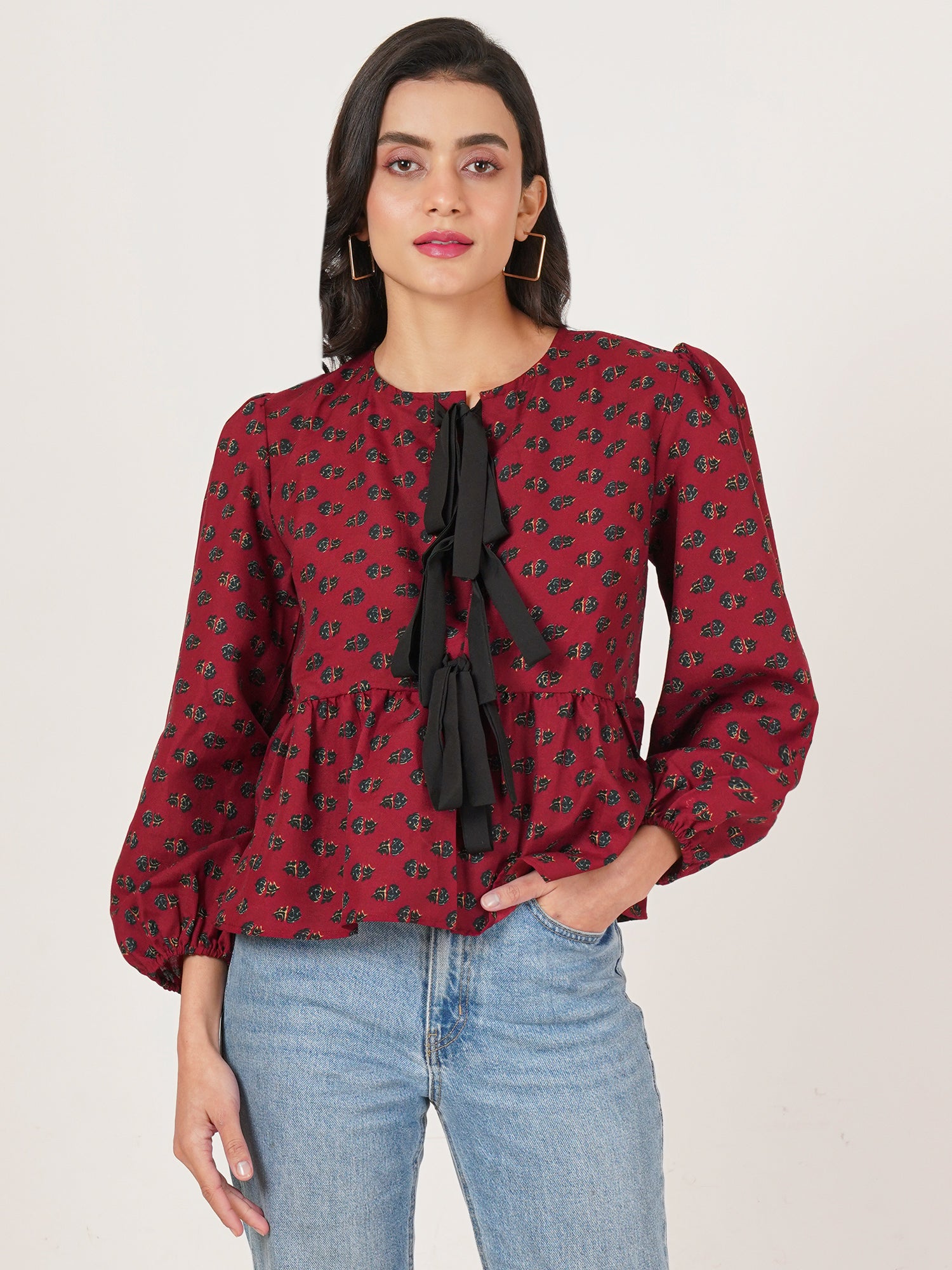 U&F Women Floral Print Tie-Up Neck Puff Sleeve Cotton Peplum Top