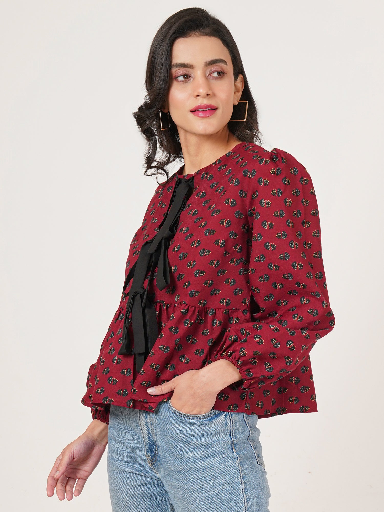 U&F Women Floral Print Tie-Up Neck Puff Sleeve Cotton Peplum Top