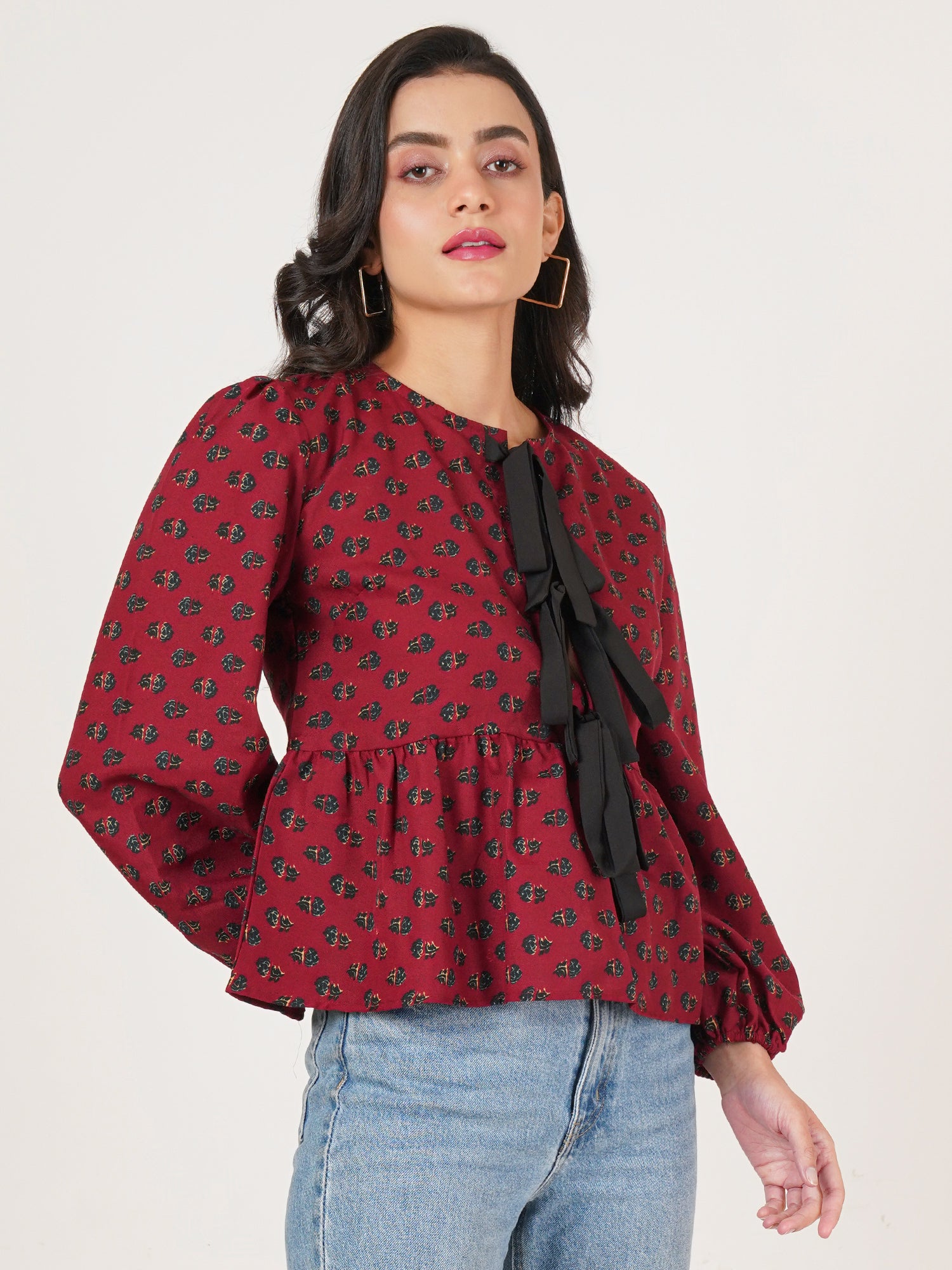 U&F Women Floral Print Tie-Up Neck Puff Sleeve Cotton Peplum Top