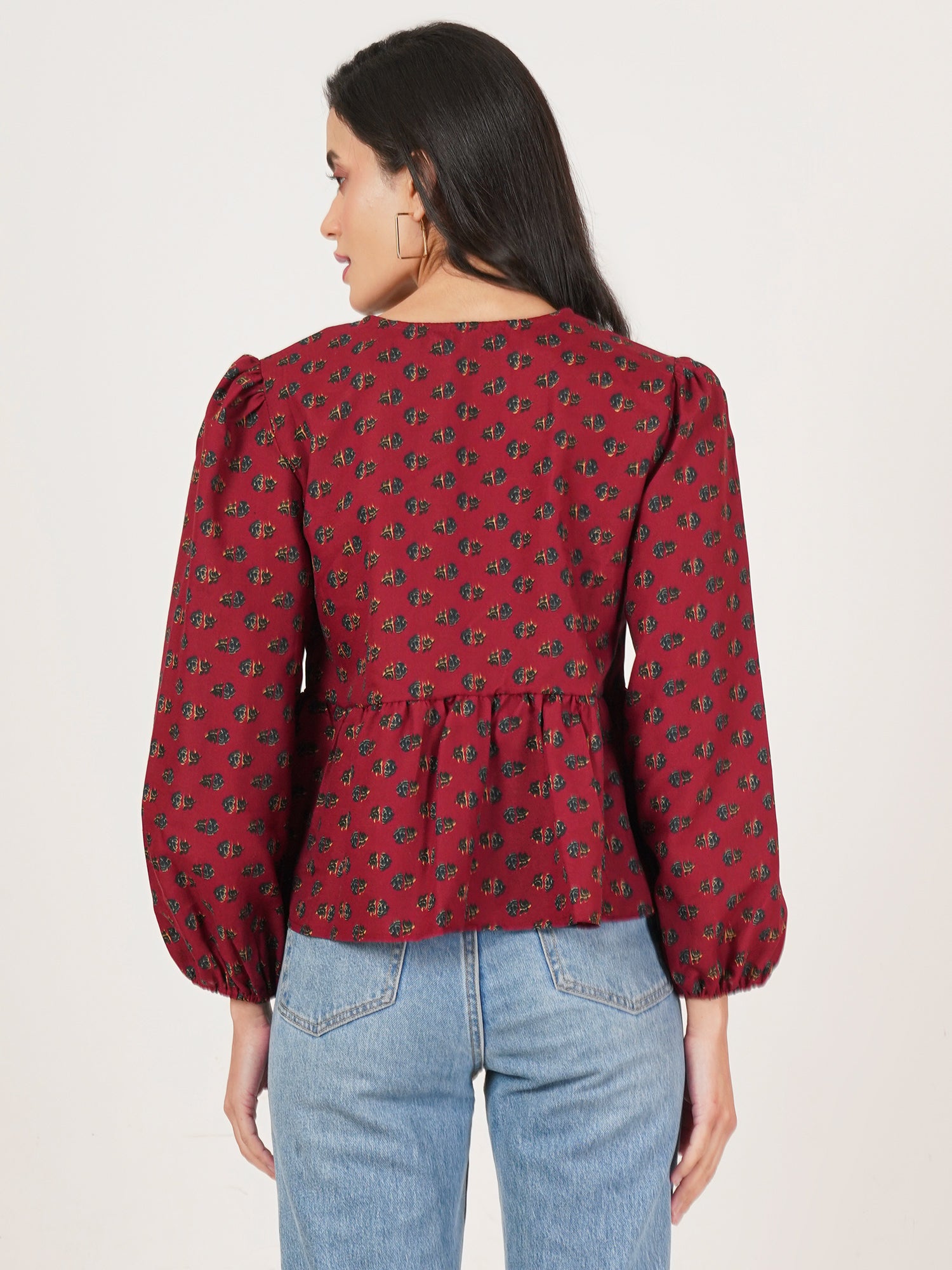 U&F Women Floral Print Tie-Up Neck Puff Sleeve Cotton Peplum Top