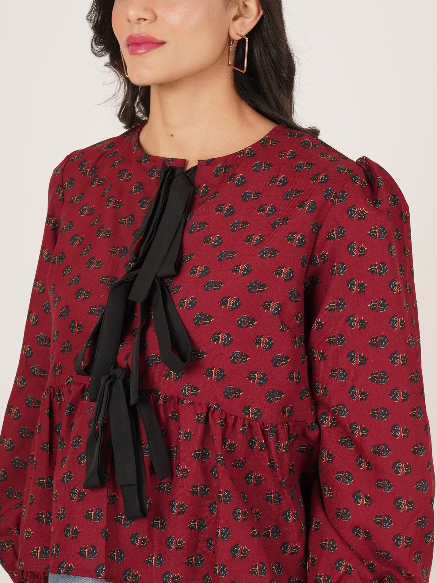 U&F Women Floral Print Tie-Up Neck Puff Sleeve Cotton Peplum Top