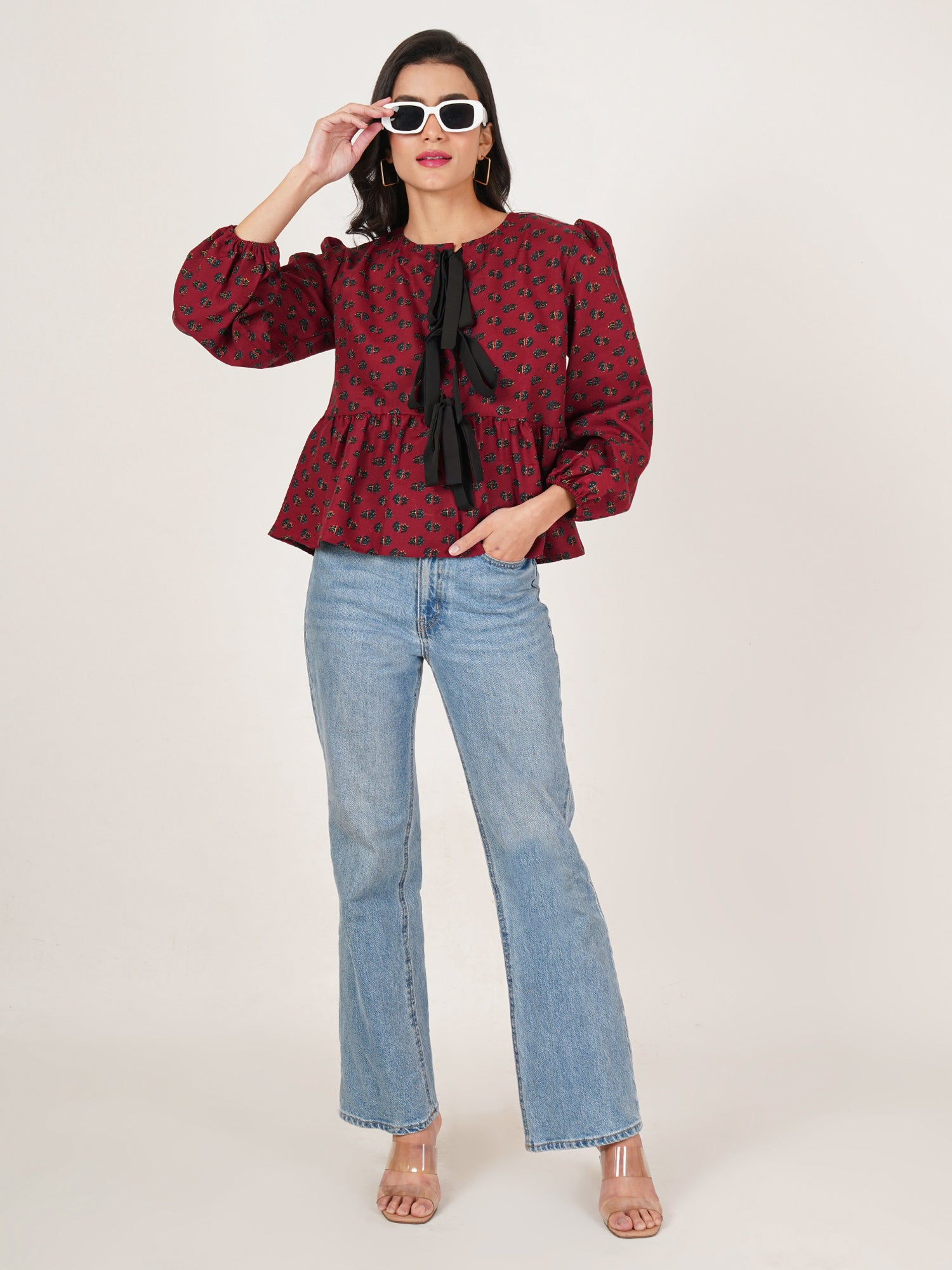 U&F Women Floral Print Tie-Up Neck Puff Sleeve Cotton Peplum Top