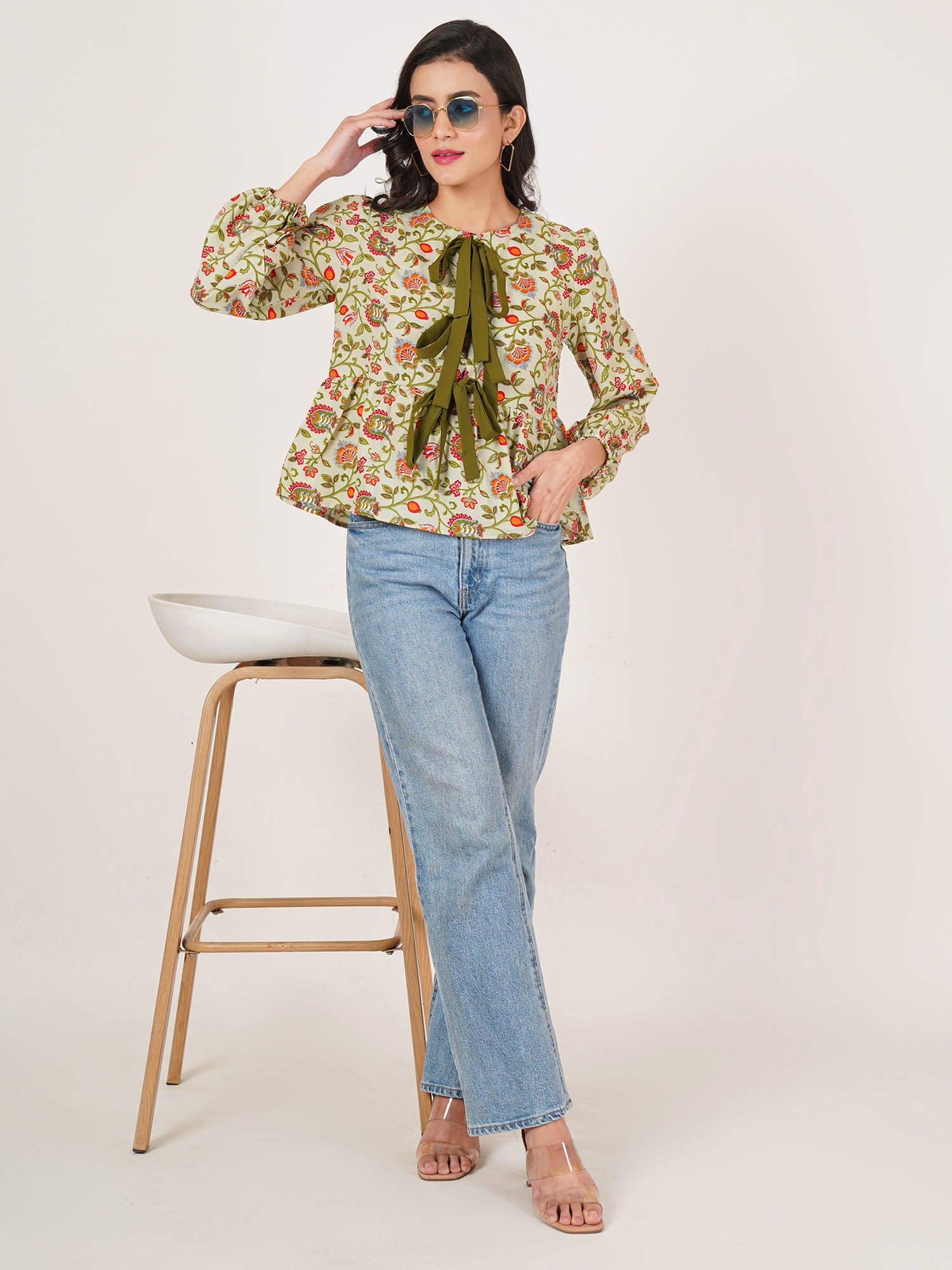 U&F Women Floral Print Tie-Up Neck Puff Sleeve Cotton Top