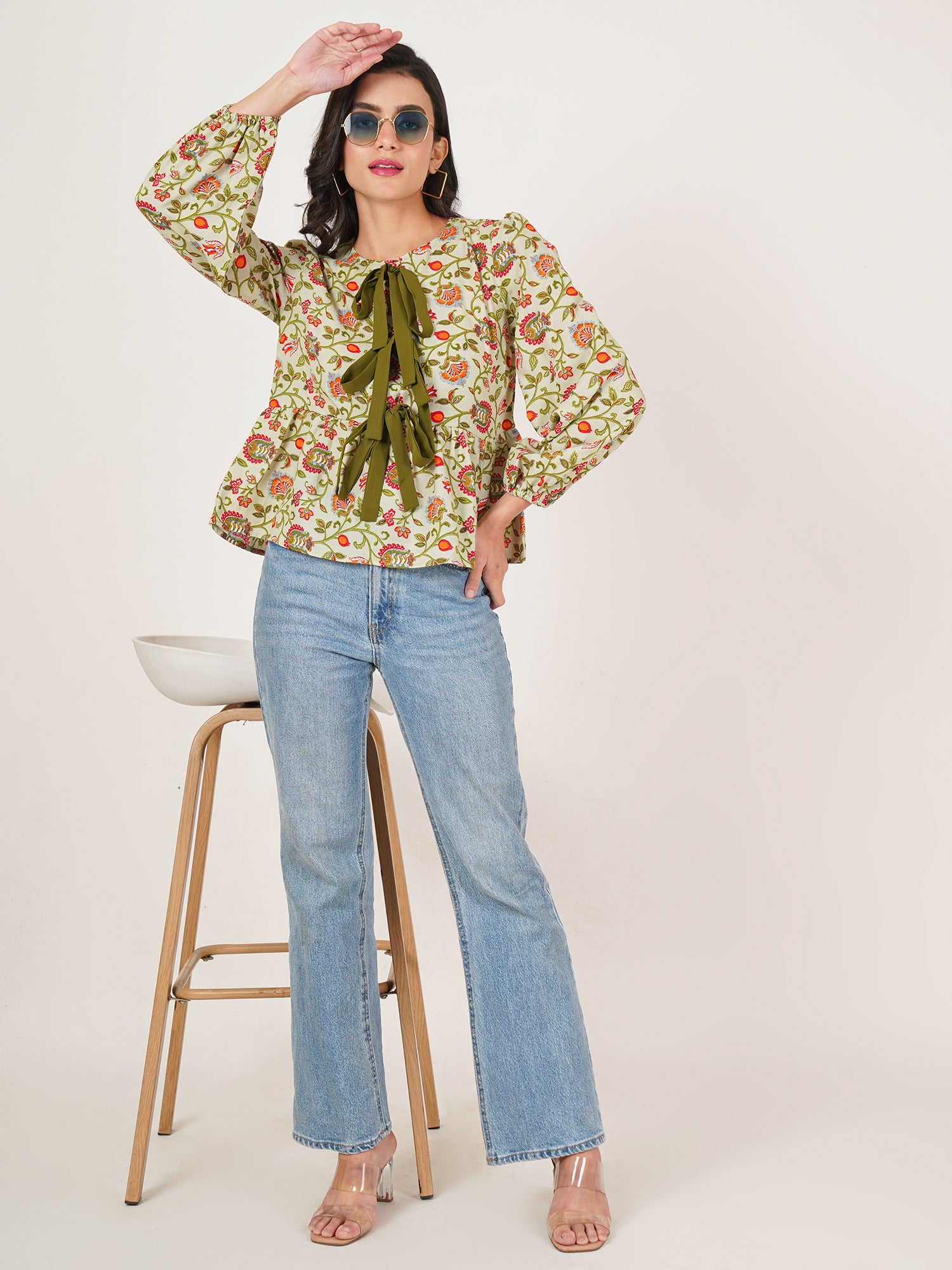 U&F Women Floral Print Tie-Up Neck Puff Sleeve Cotton Top