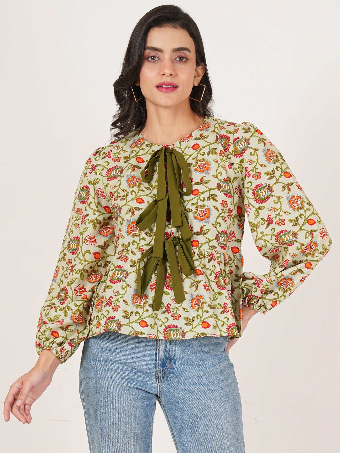 U&F Women Floral Print Tie-Up Neck Puff Sleeve Cotton Top