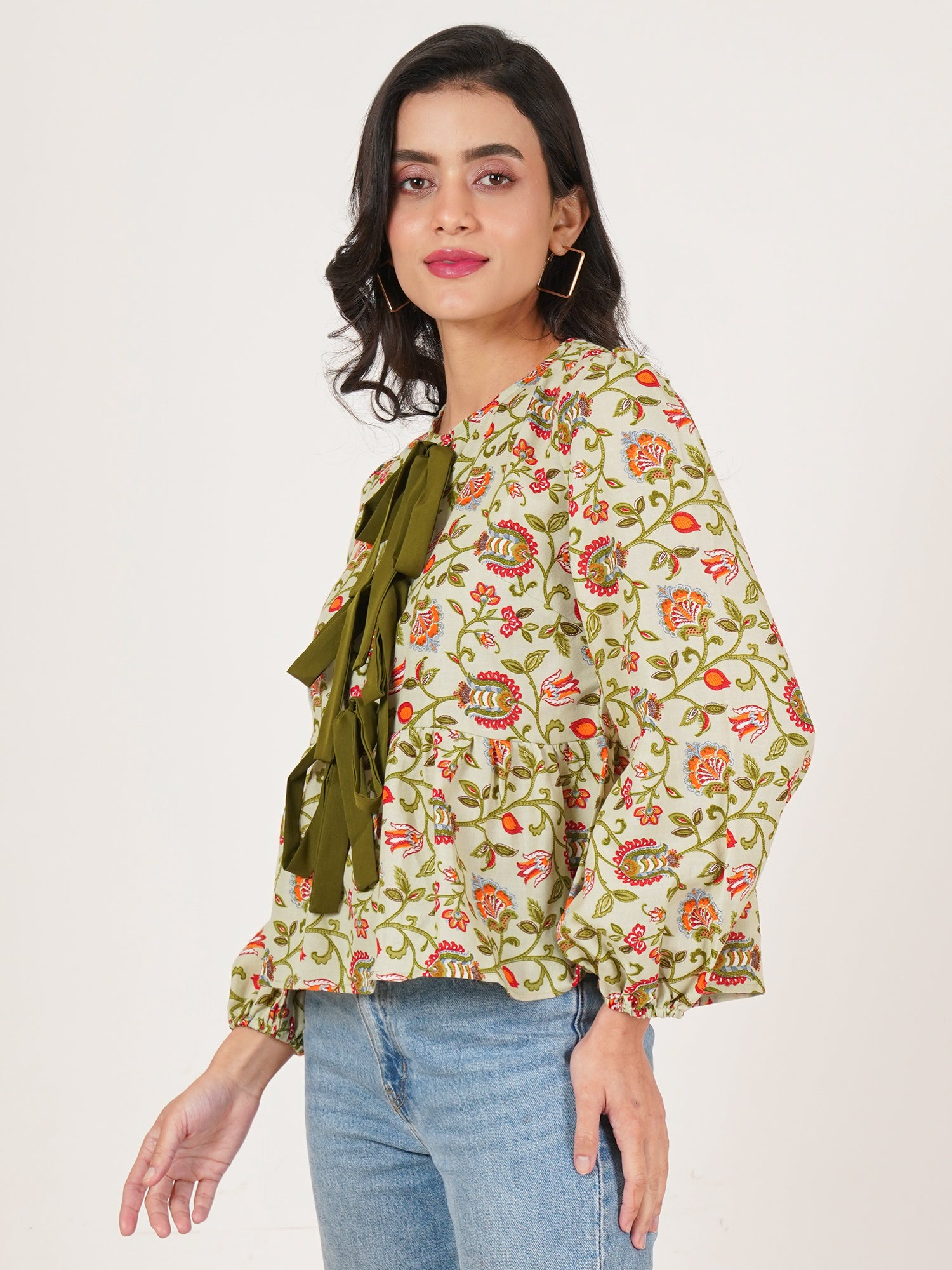 U&F Women Floral Print Tie-Up Neck Puff Sleeve Cotton Top