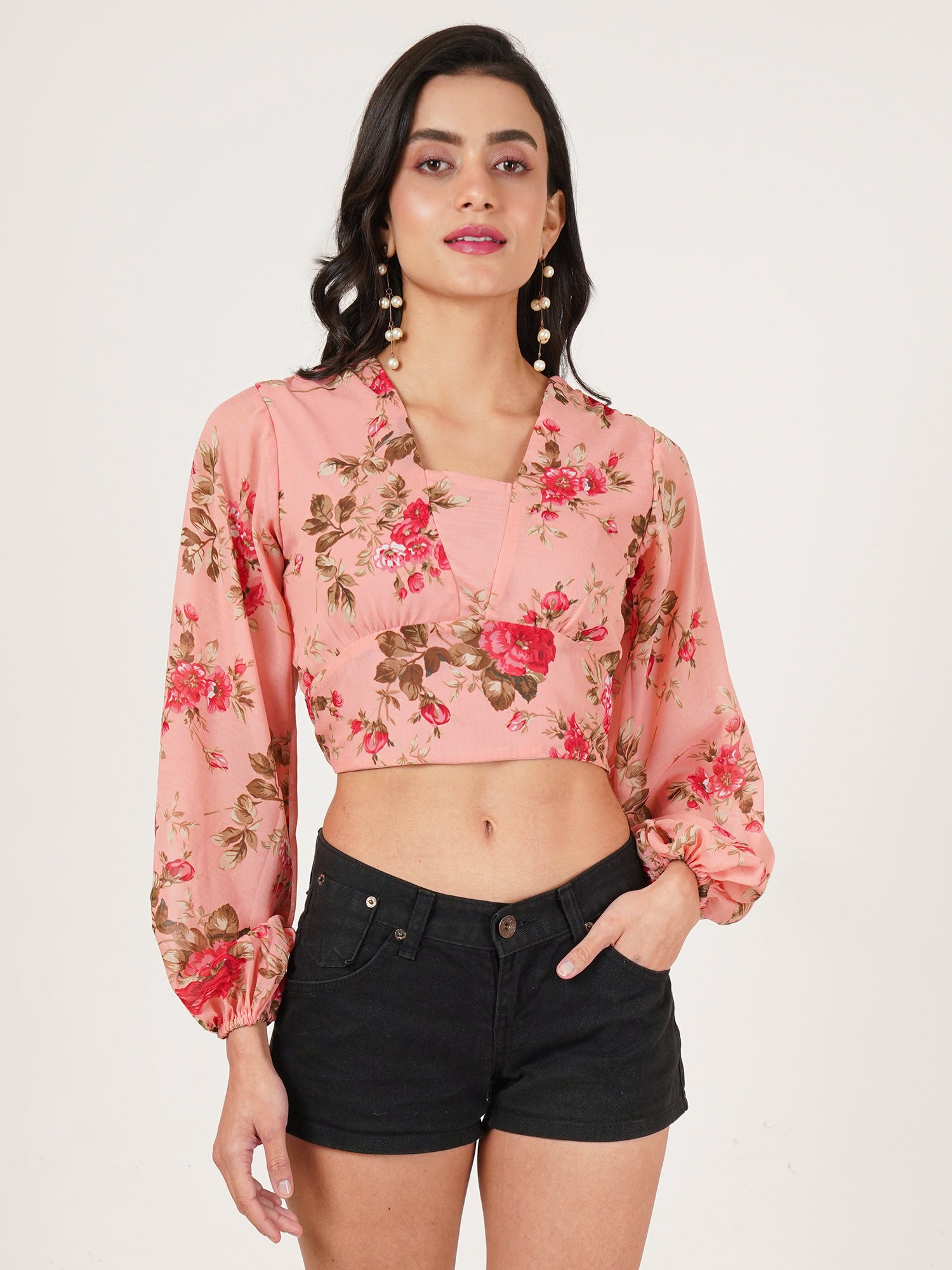 U&F Women Floral Print Puff Sleeve Georgette Crop Top