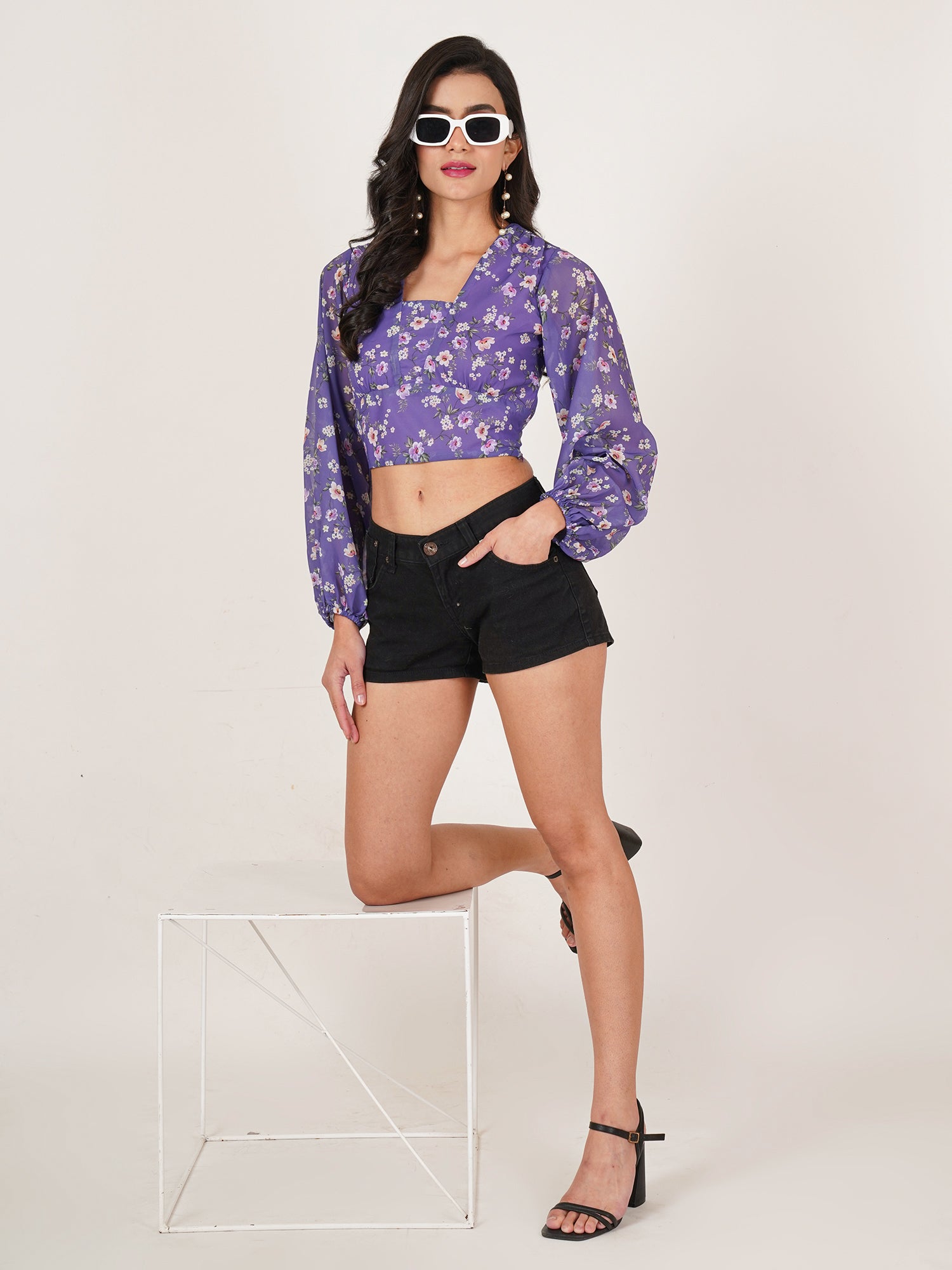 U&F Women Floral Print Puff Sleeve Georgette Wrap Crop Top