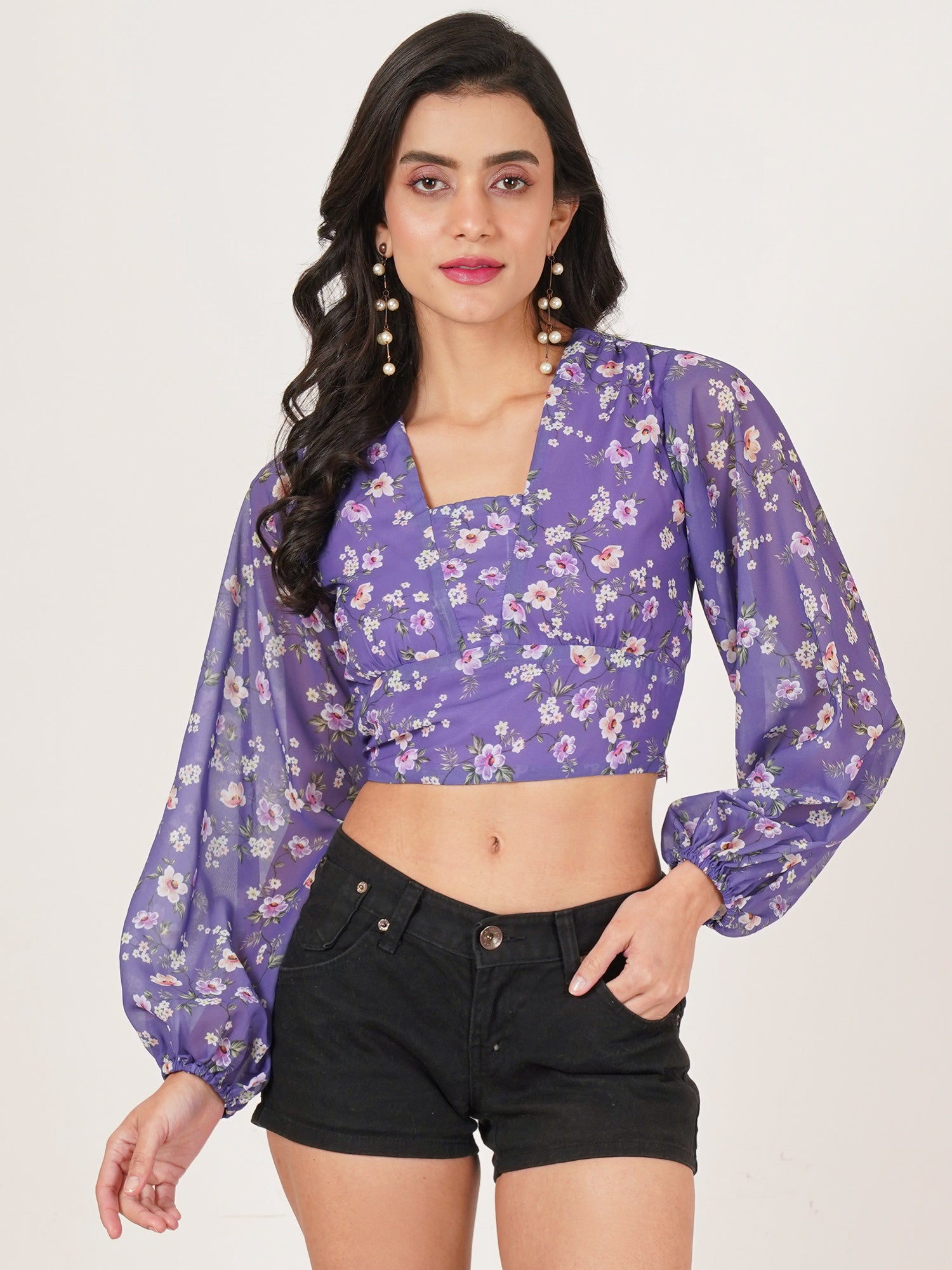 U&F Women Floral Print Puff Sleeve Georgette Wrap Crop Top
