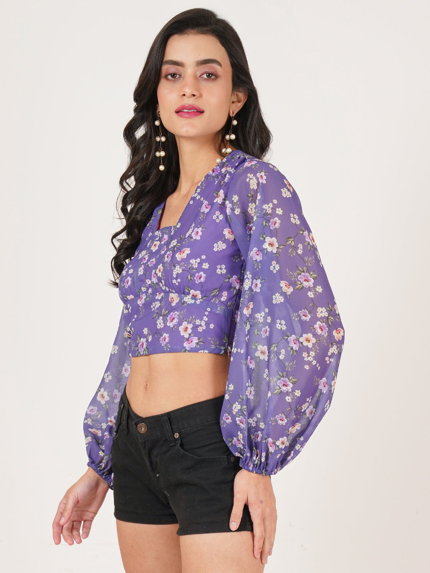 U&F Women Floral Print Puff Sleeve Georgette Wrap Crop Top