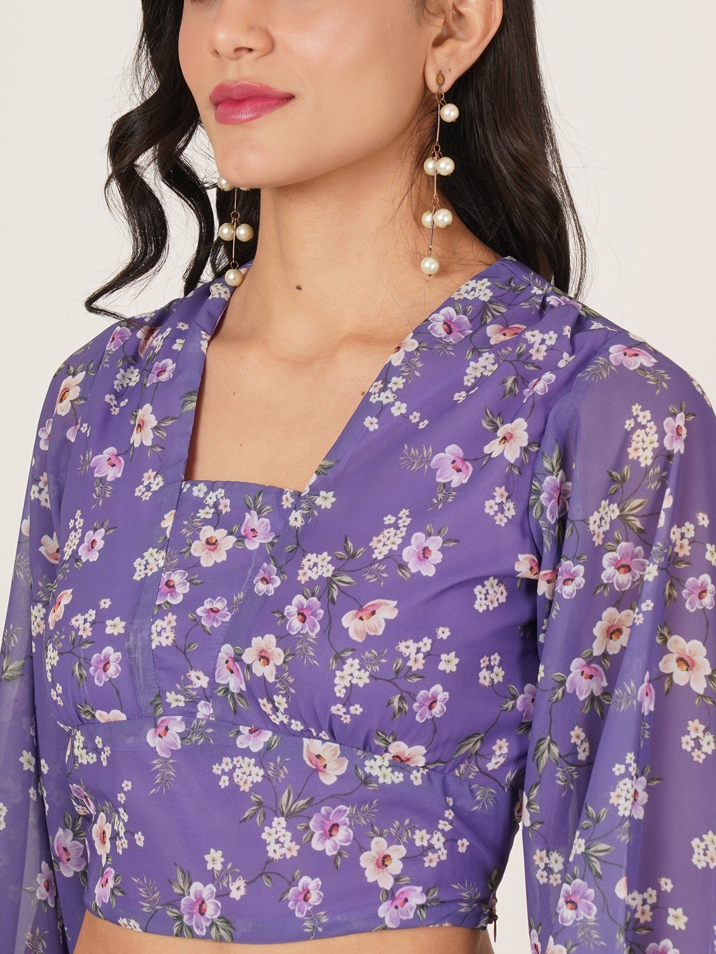 U&F Women Floral Print Puff Sleeve Georgette Wrap Crop Top