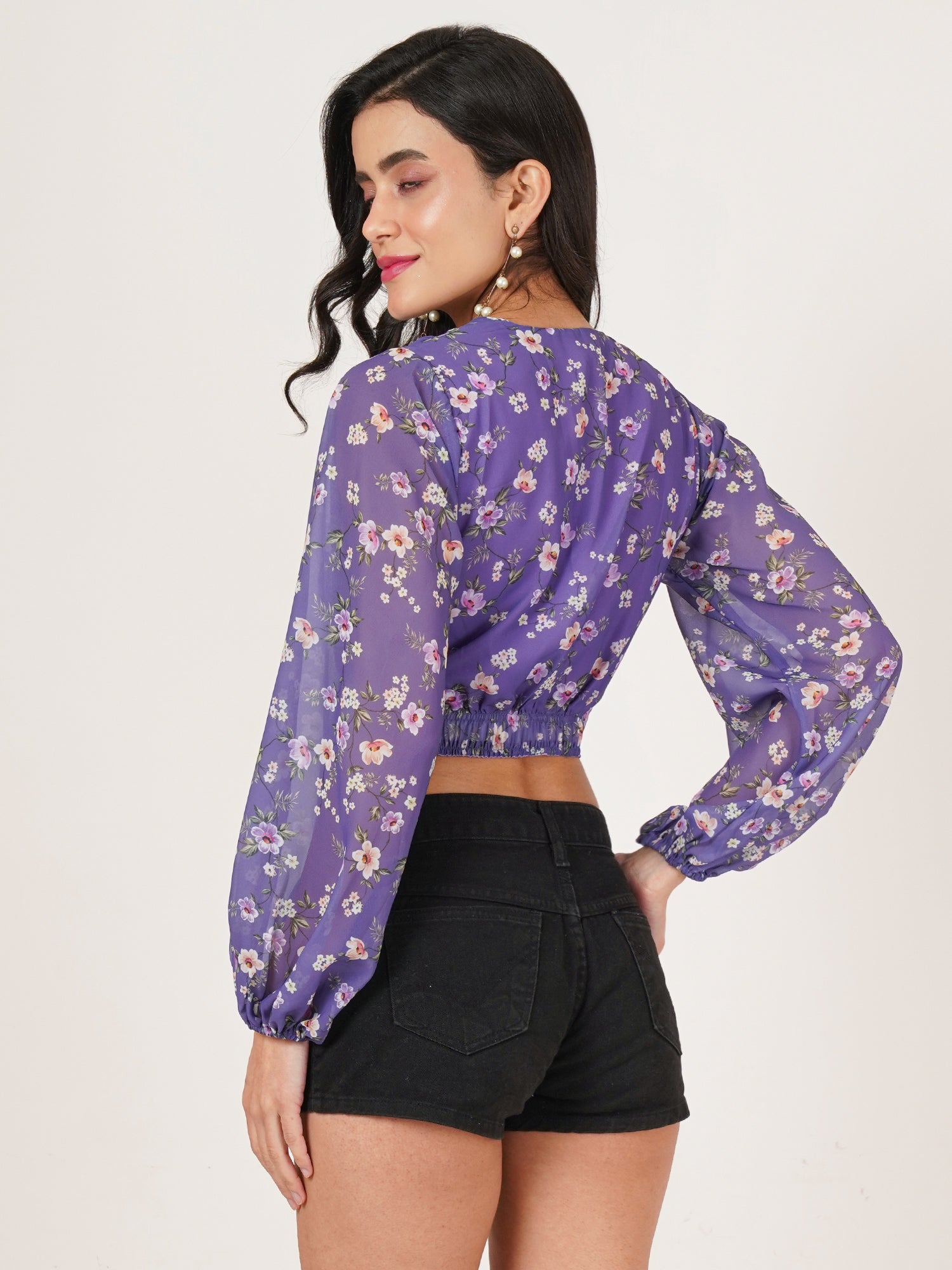 U&F Women Floral Print Puff Sleeve Georgette Wrap Crop Top