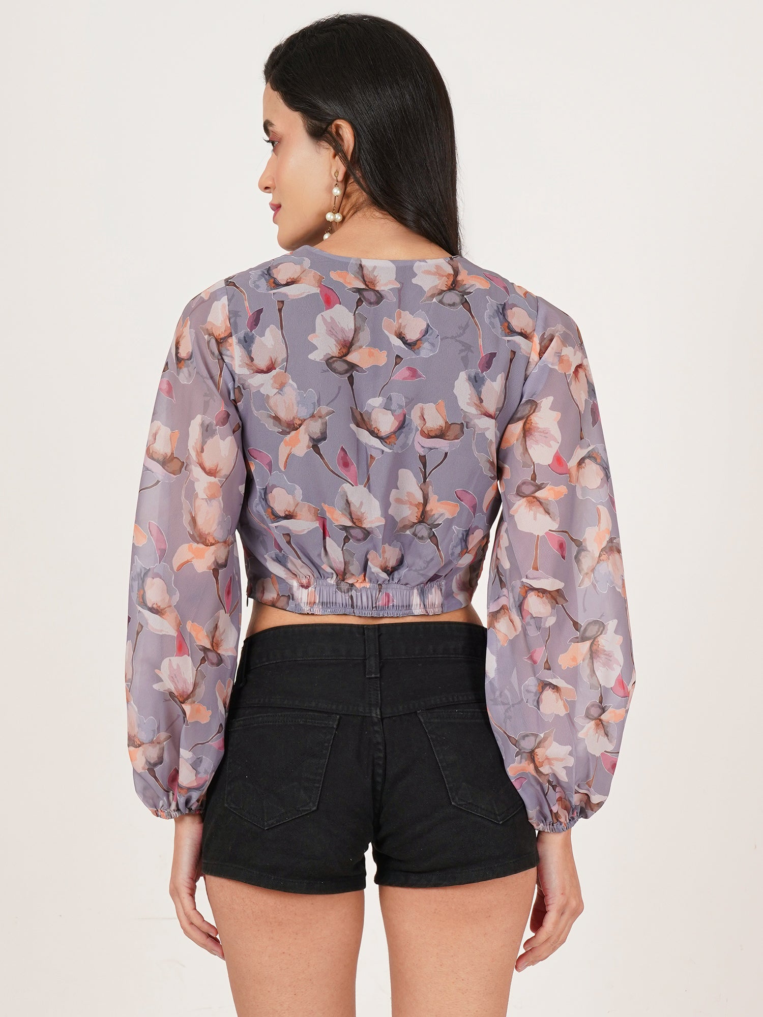 U&F Women Floral Print Puff Sleeve Georgette Wrap Crop Top