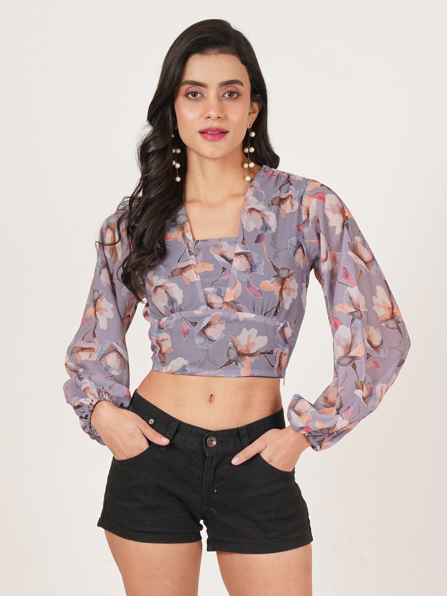 U&F Women Floral Print Puff Sleeve Georgette Wrap Crop Top