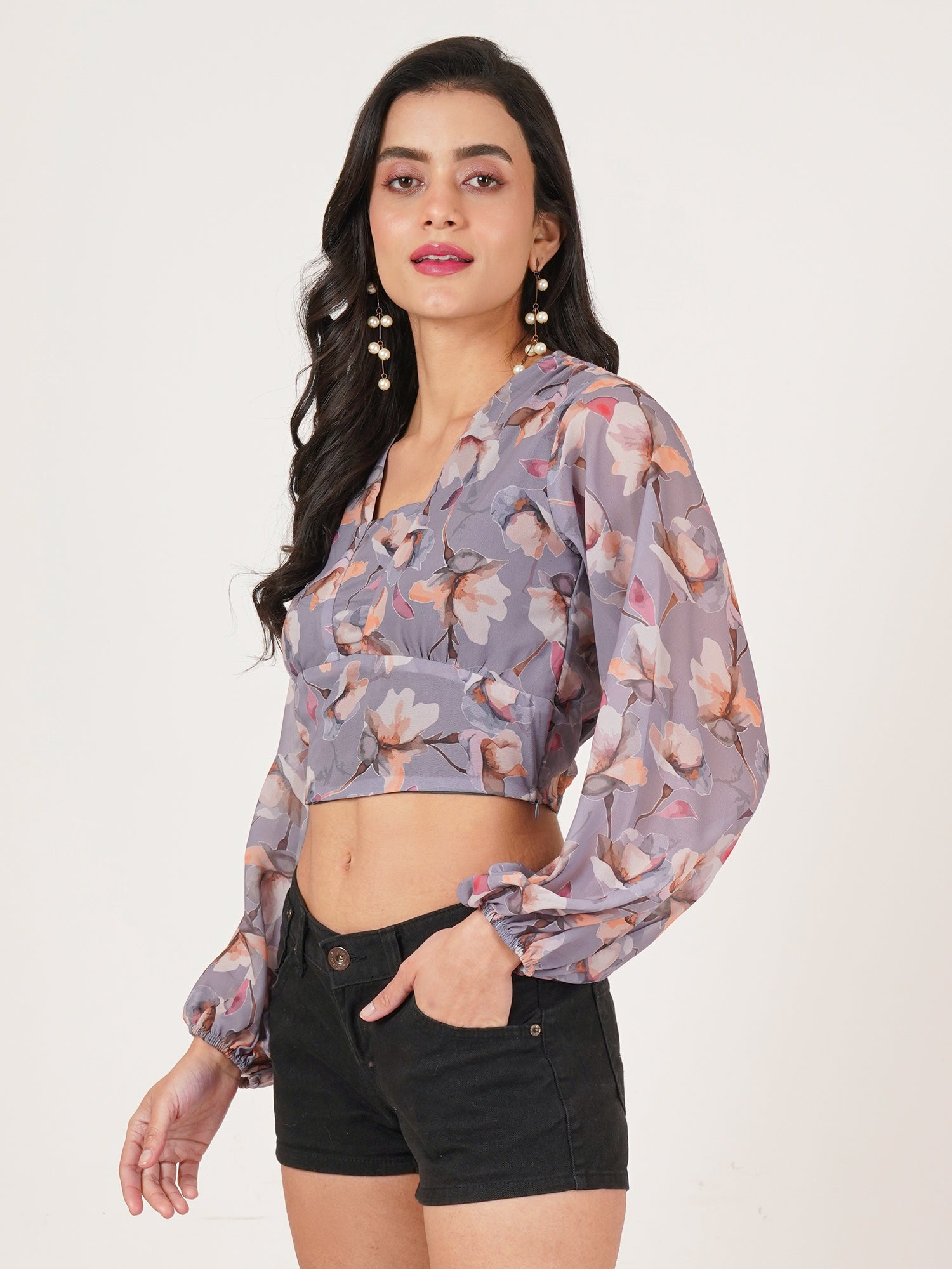 U&F Women Floral Print Puff Sleeve Georgette Wrap Crop Top
