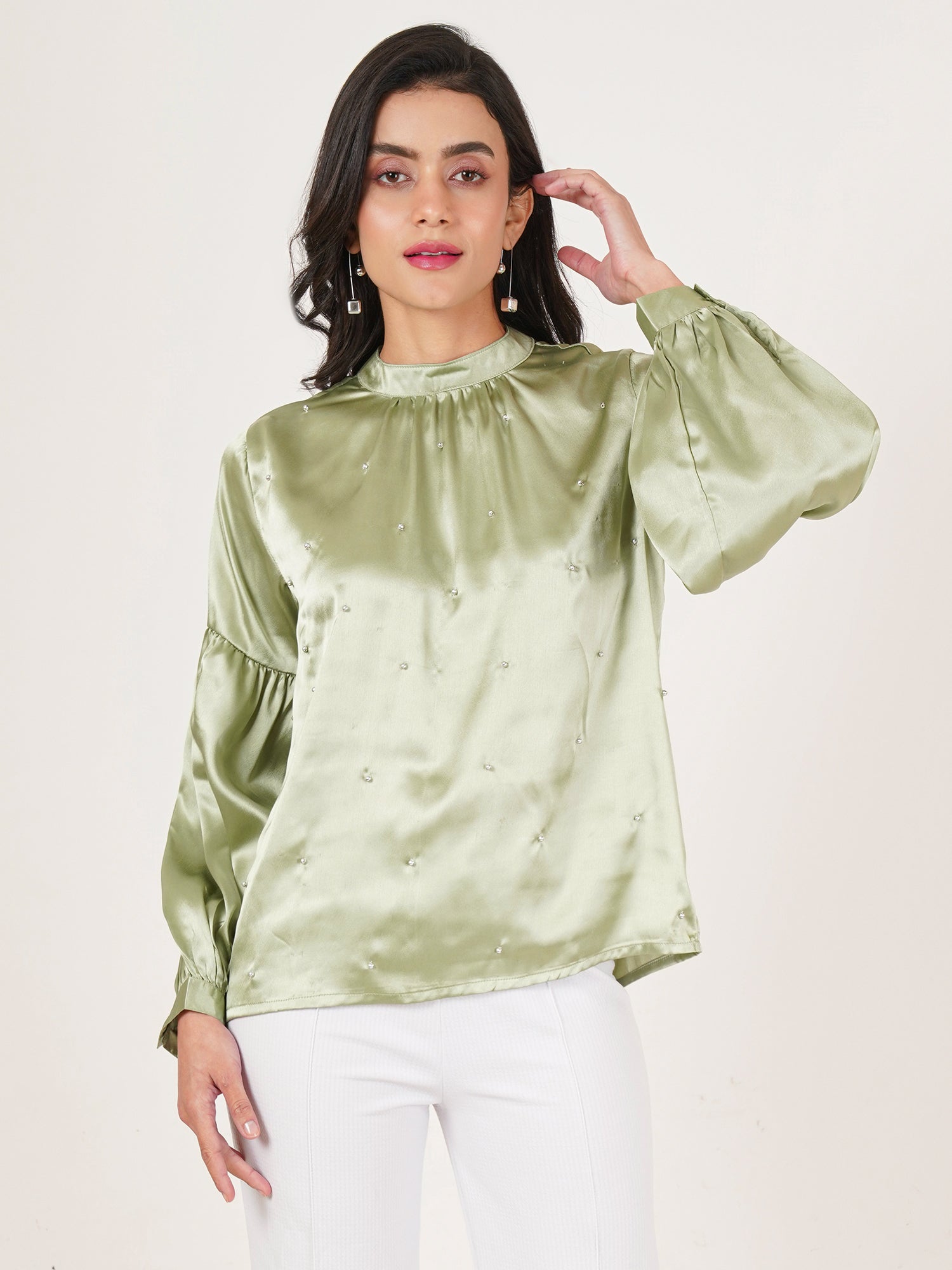 U&F Women Embellished Choker Neck Puff Sleeve Satin Top