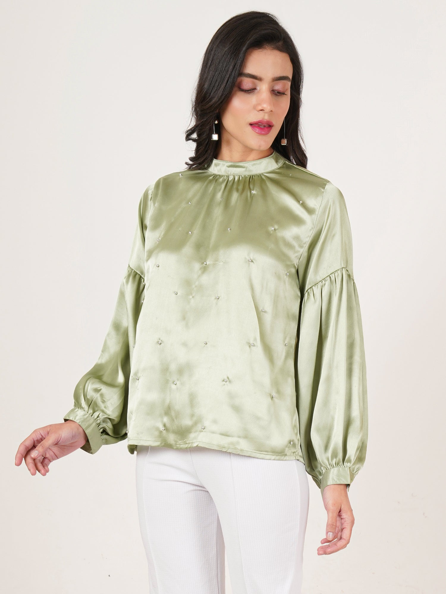 U&F Women Embellished Choker Neck Puff Sleeve Satin Top