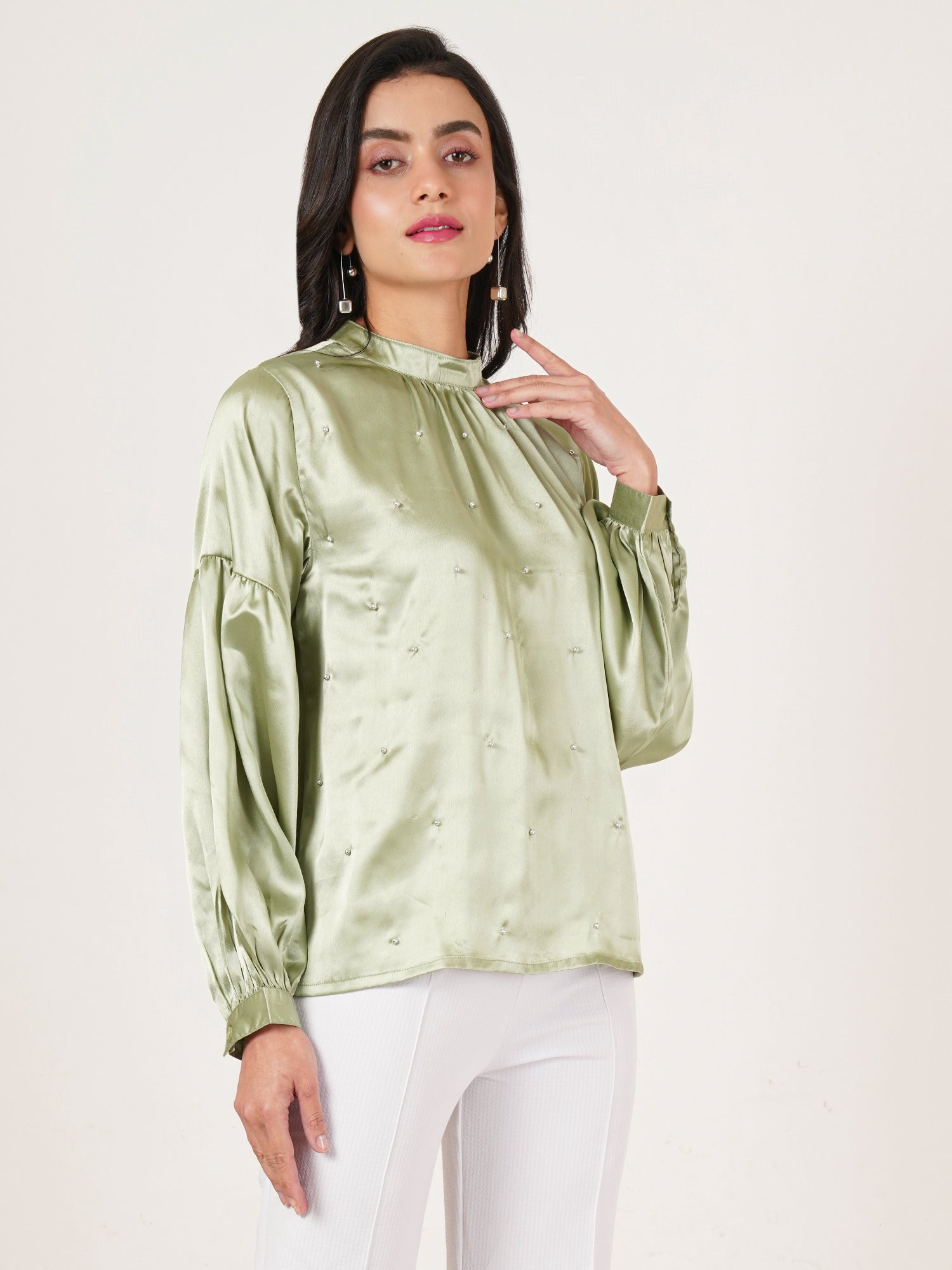 U&F Women Embellished Choker Neck Puff Sleeve Satin Top