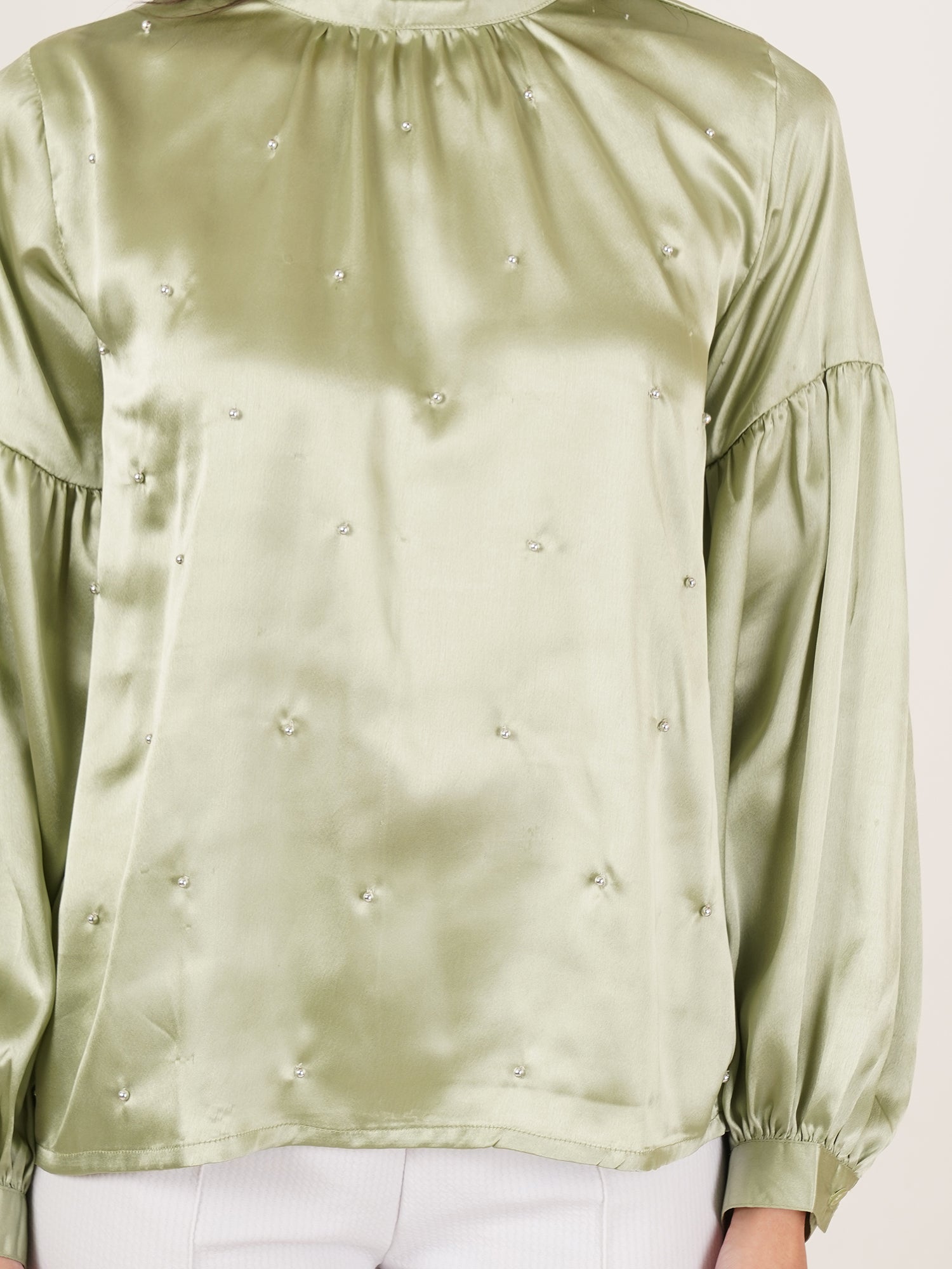 U&F Women Embellished Choker Neck Puff Sleeve Satin Top