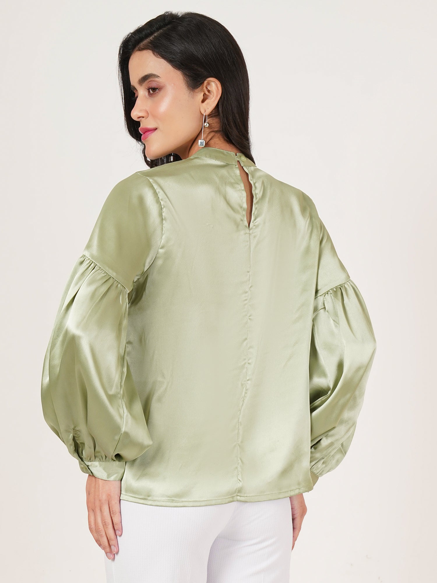 U&F Women Embellished Choker Neck Puff Sleeve Satin Top