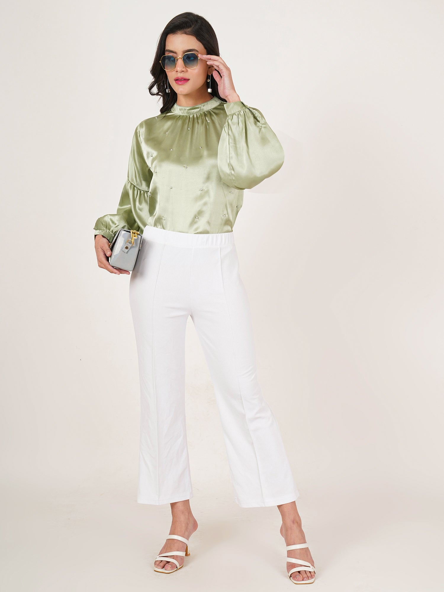 U&F Women Embellished Choker Neck Puff Sleeve Satin Top