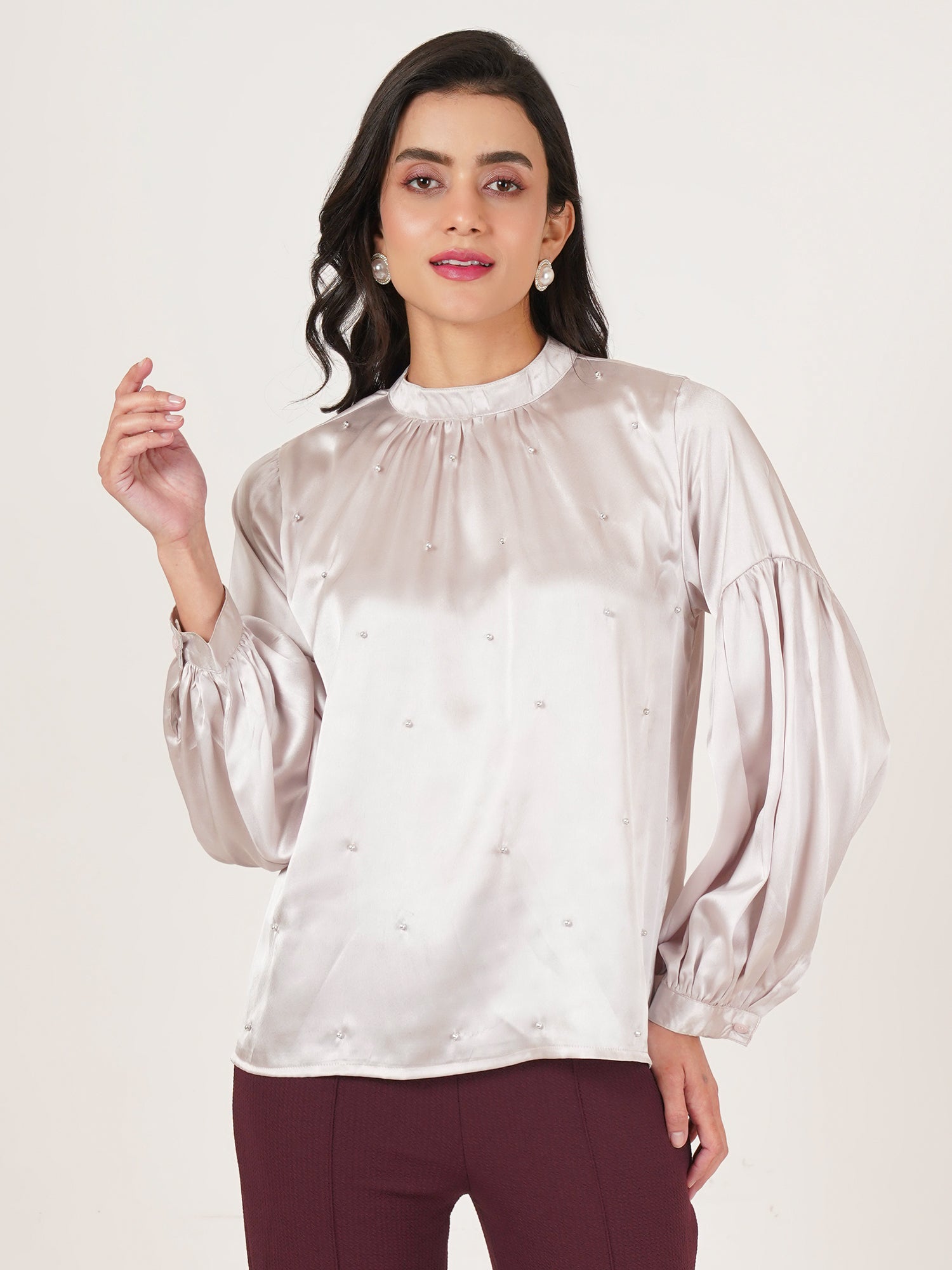 U&F Women Embellished Choker Neck Puff Sleeve Satin Top